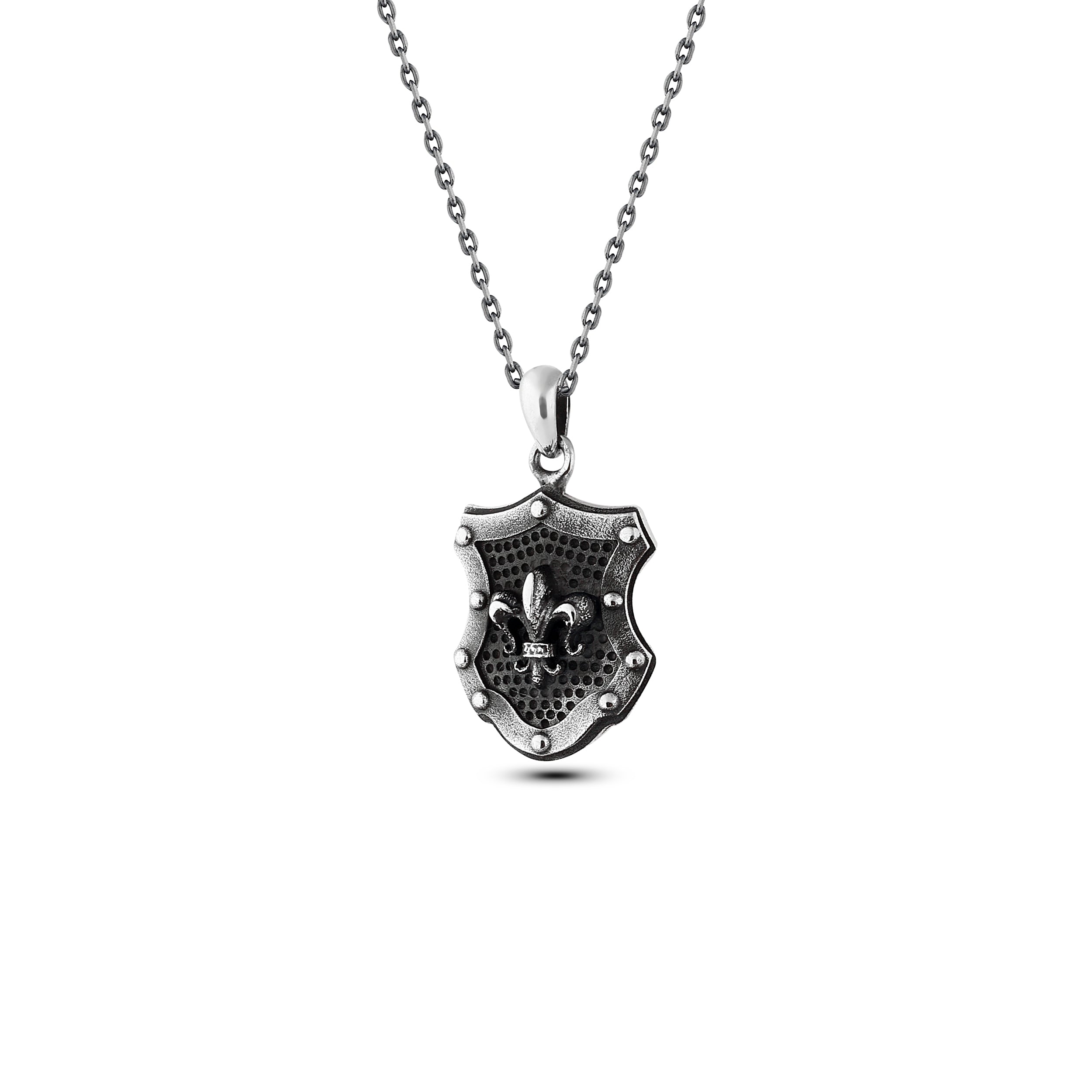 Knight Fleur de Lis Shield Necklace in Sterling Silver