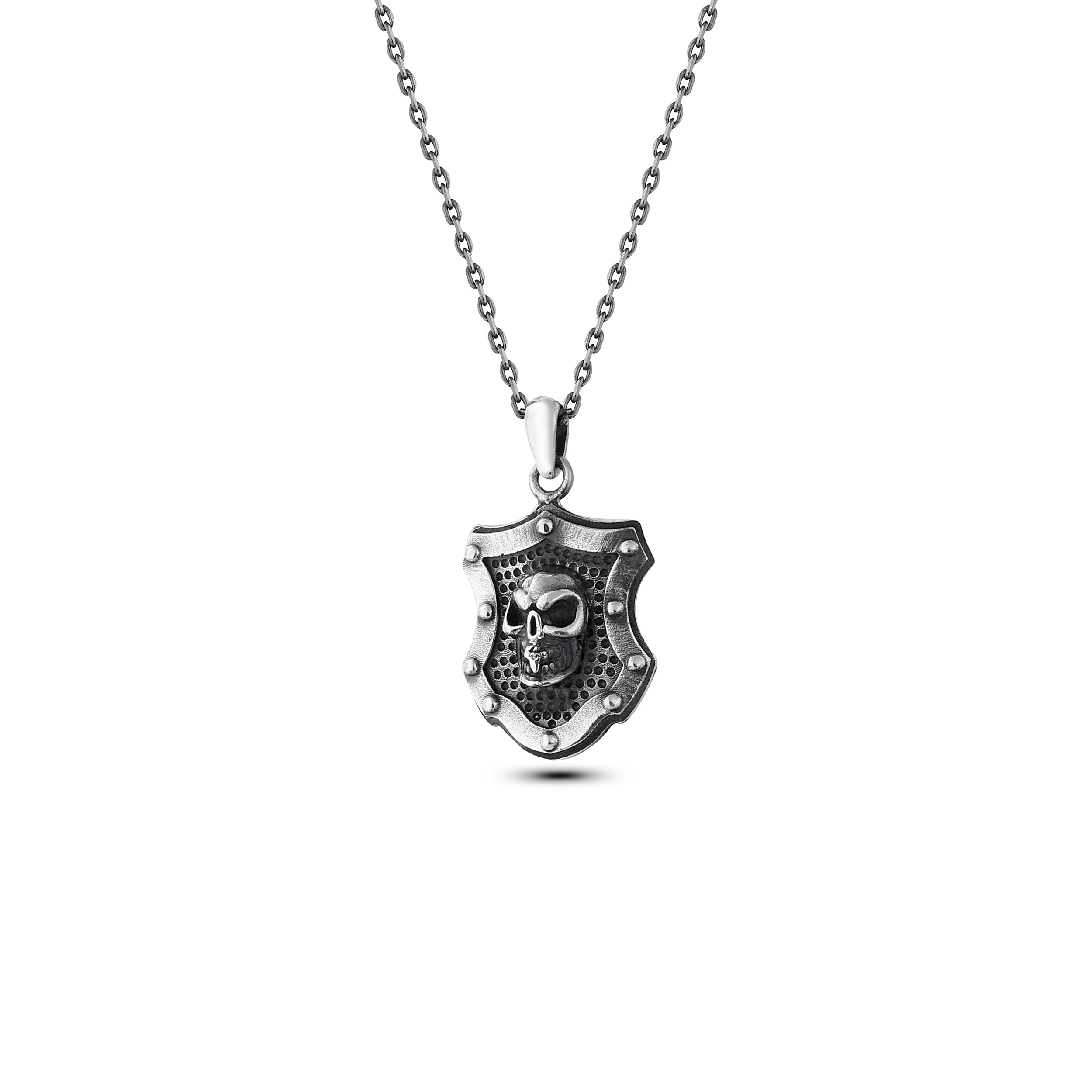 Knight Skull Shield Necklace in Sterling Silver