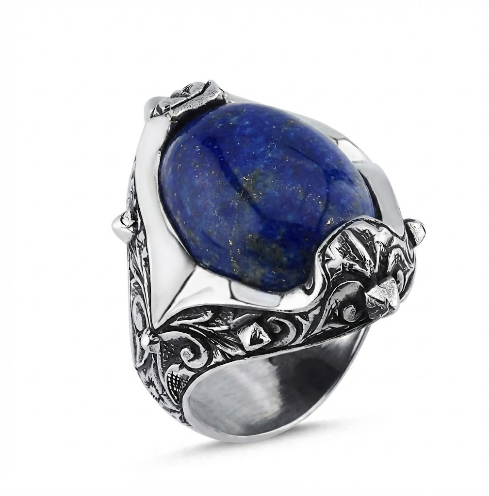 Engraved Oval Stud Gemstone Ring in Sterling Silver