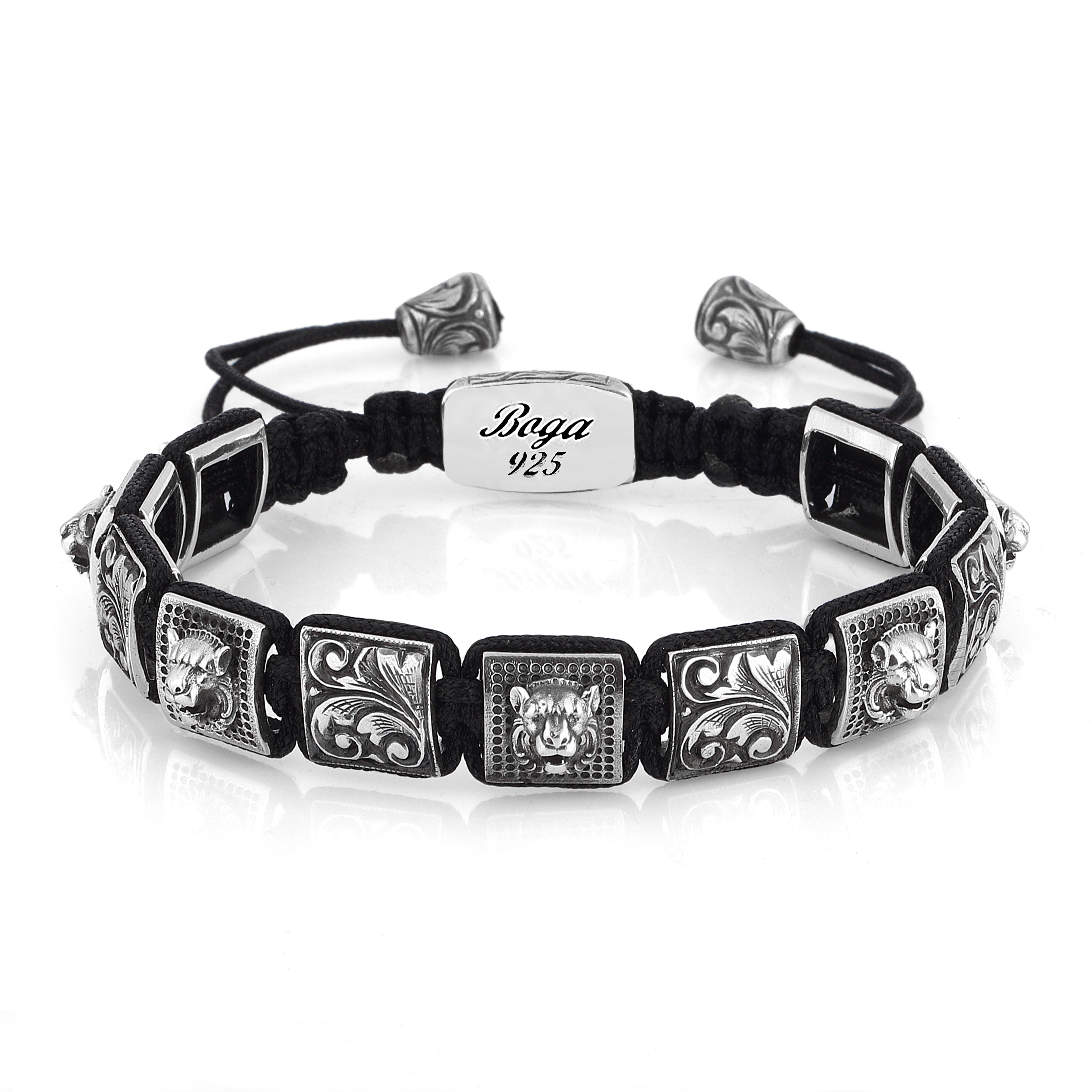 Lion 3D Engraved Macrame Bracelet in Sterling Silver