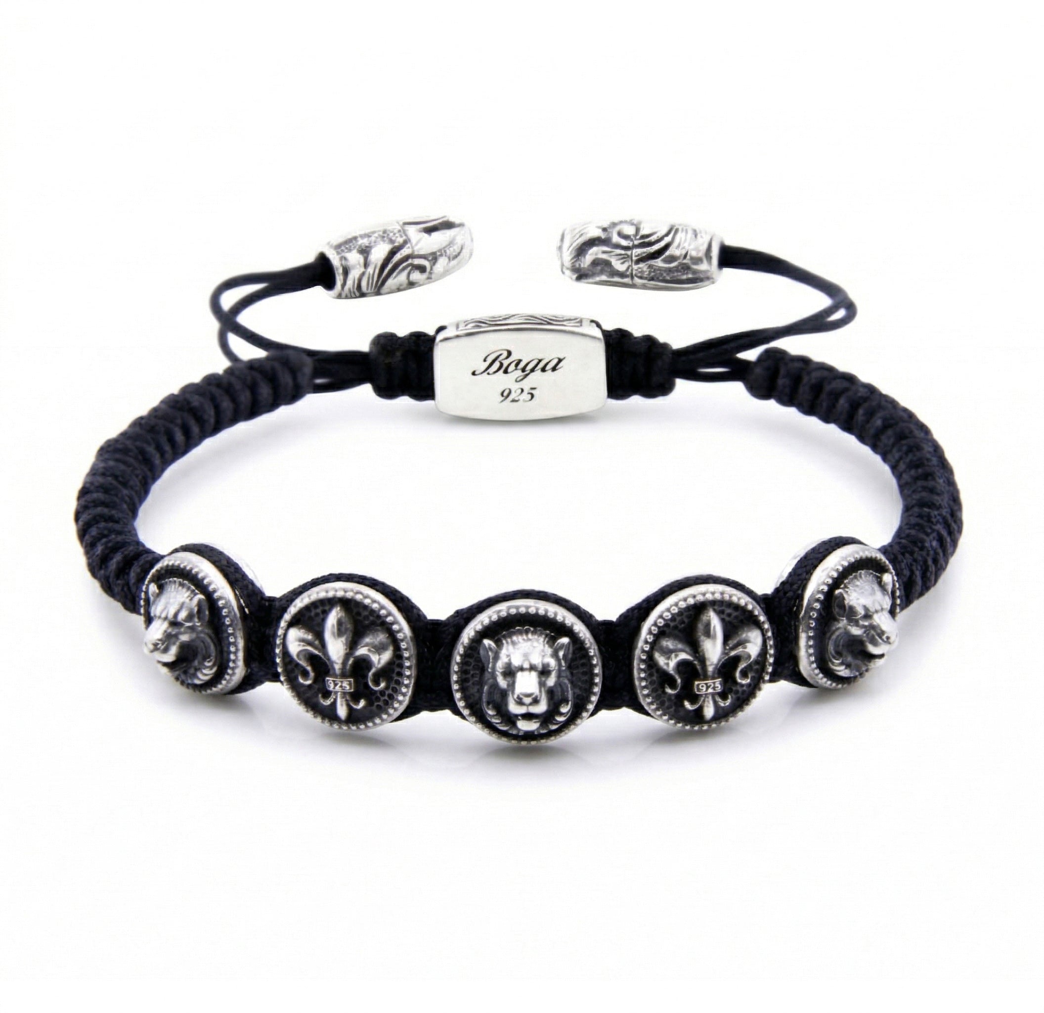 Lion Fleur de Lis Circular Snake Macrame Bracelet in Sterling Silver