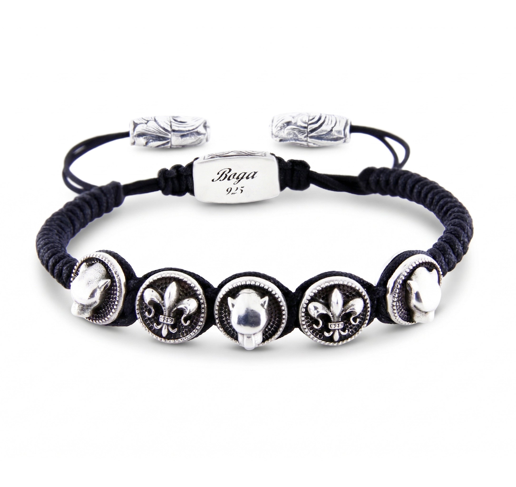 Panther Fleur de Lis Circular Snake Macrame Bracelet in Sterling Silver