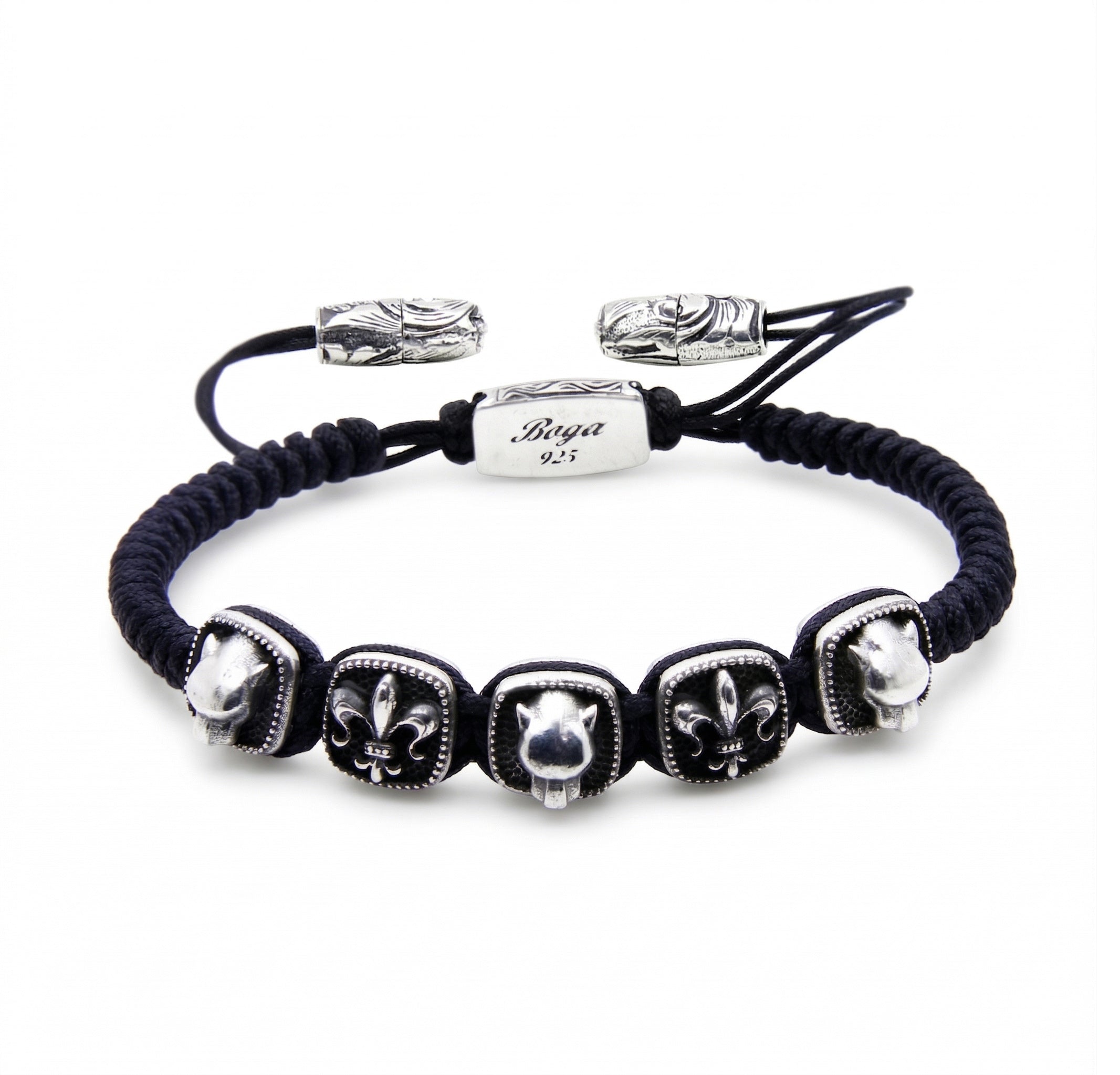 Panther Fleur de Lis Rds Snake Macrame Bracelet in Sterling Silver