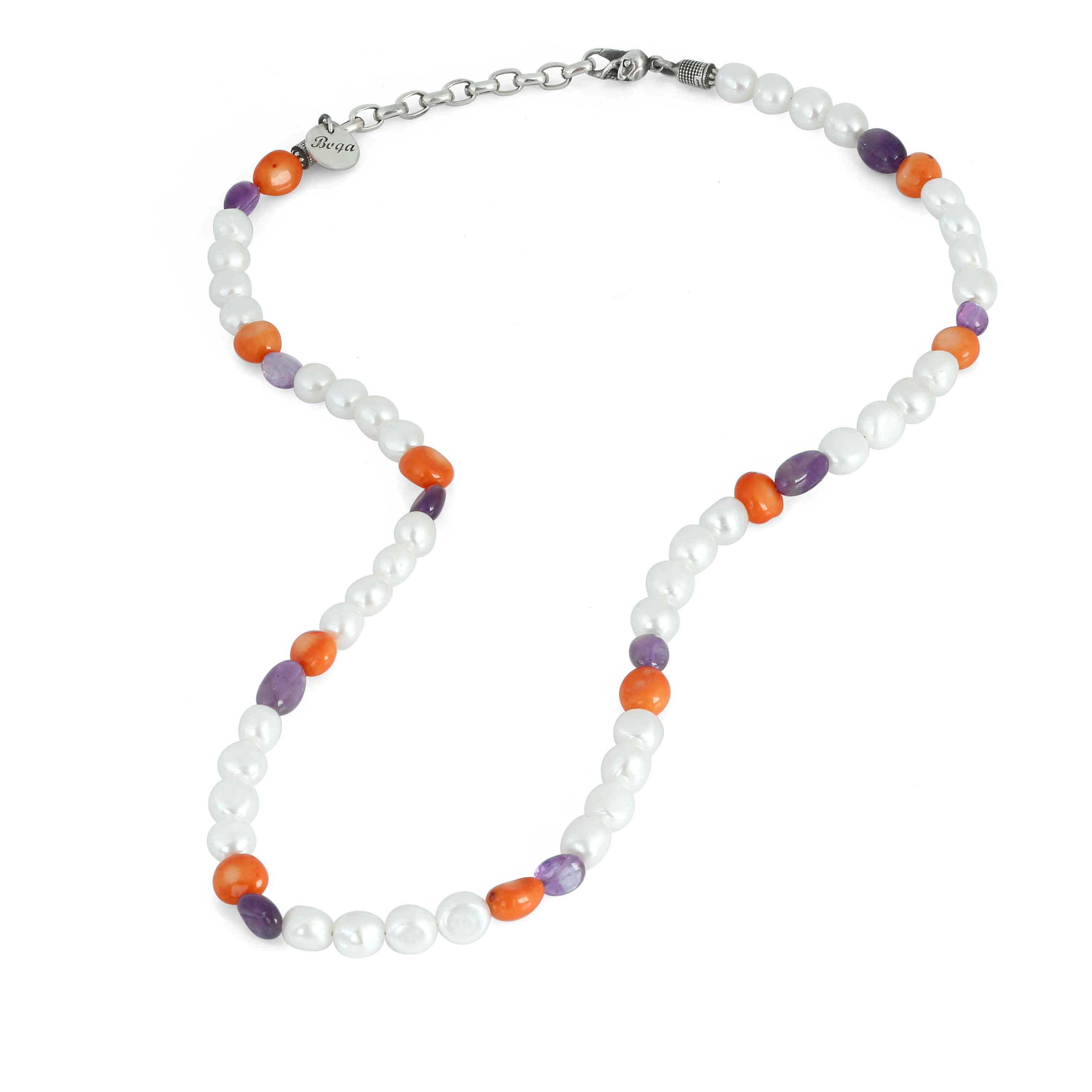 Pearl Coral Amethyst Skull Lock Necklace in Sterling Silver