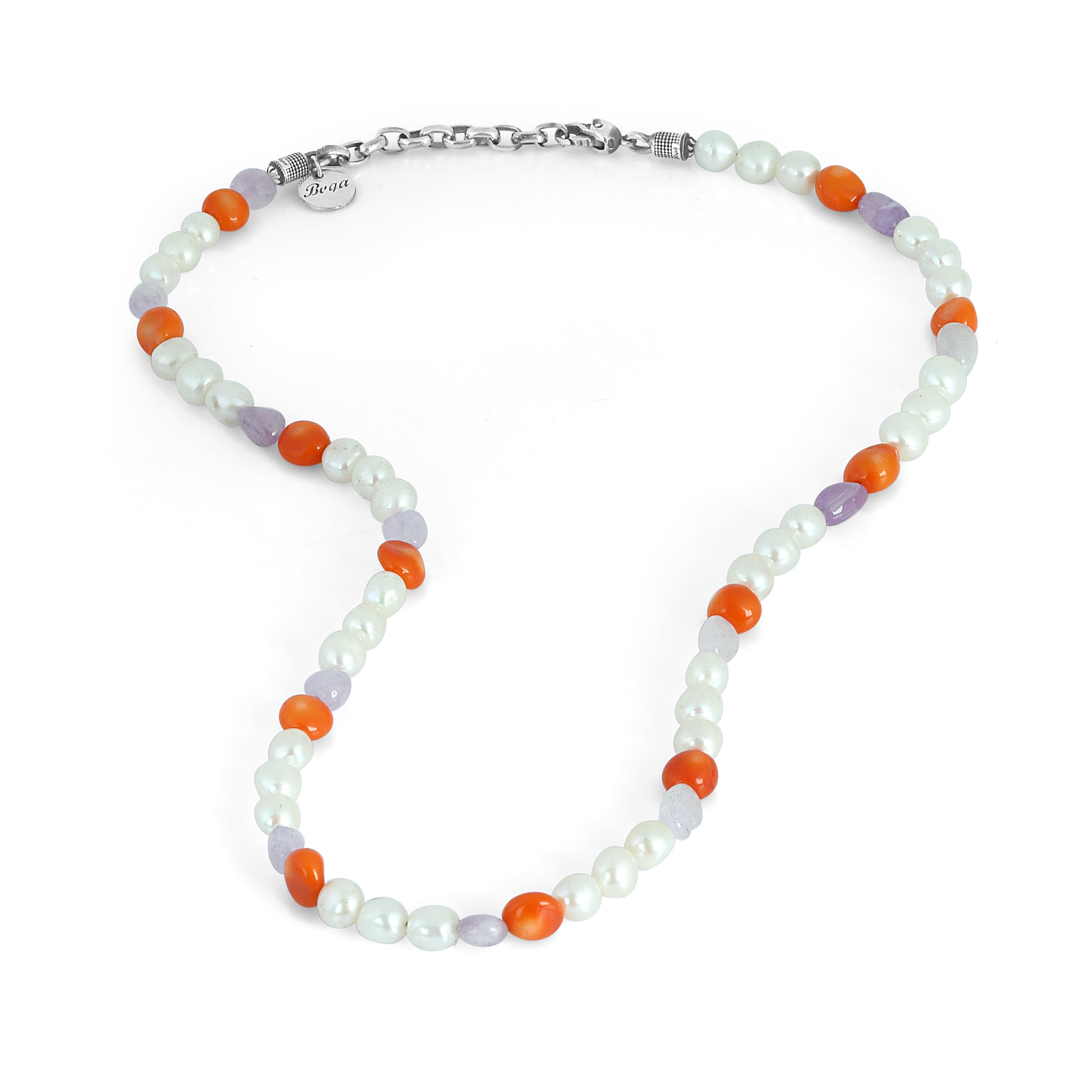 Pearl Coral Aqua Skull Lock Necklace in Sterling Silver