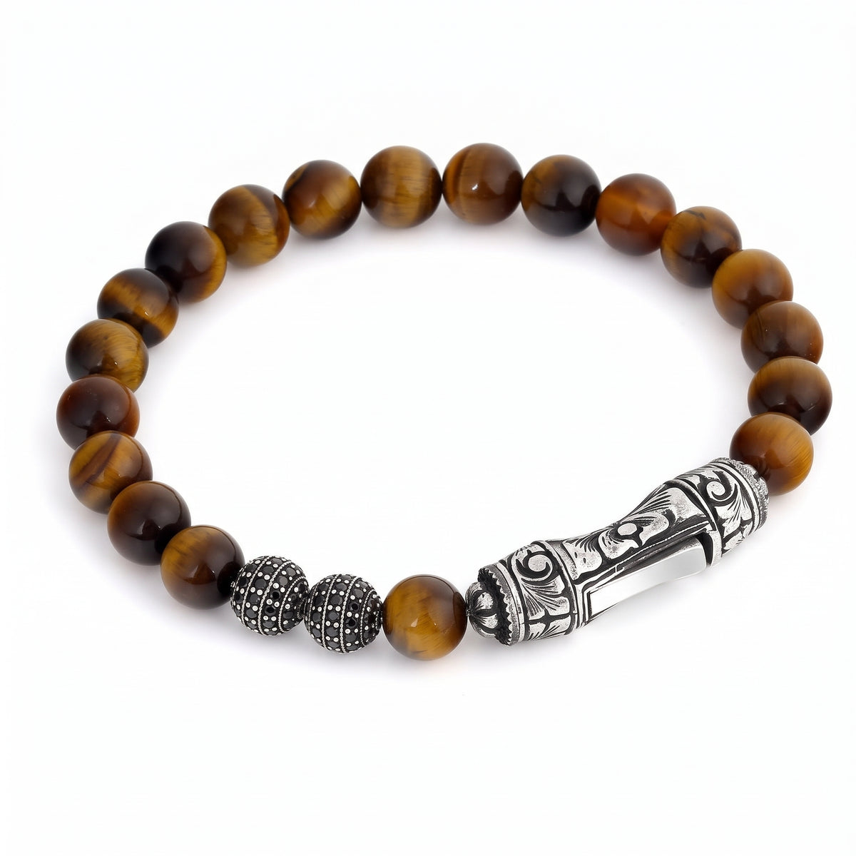 Single Lock Curved MS Tiger Eye & Zircon Bracelet, Sterling Silver
