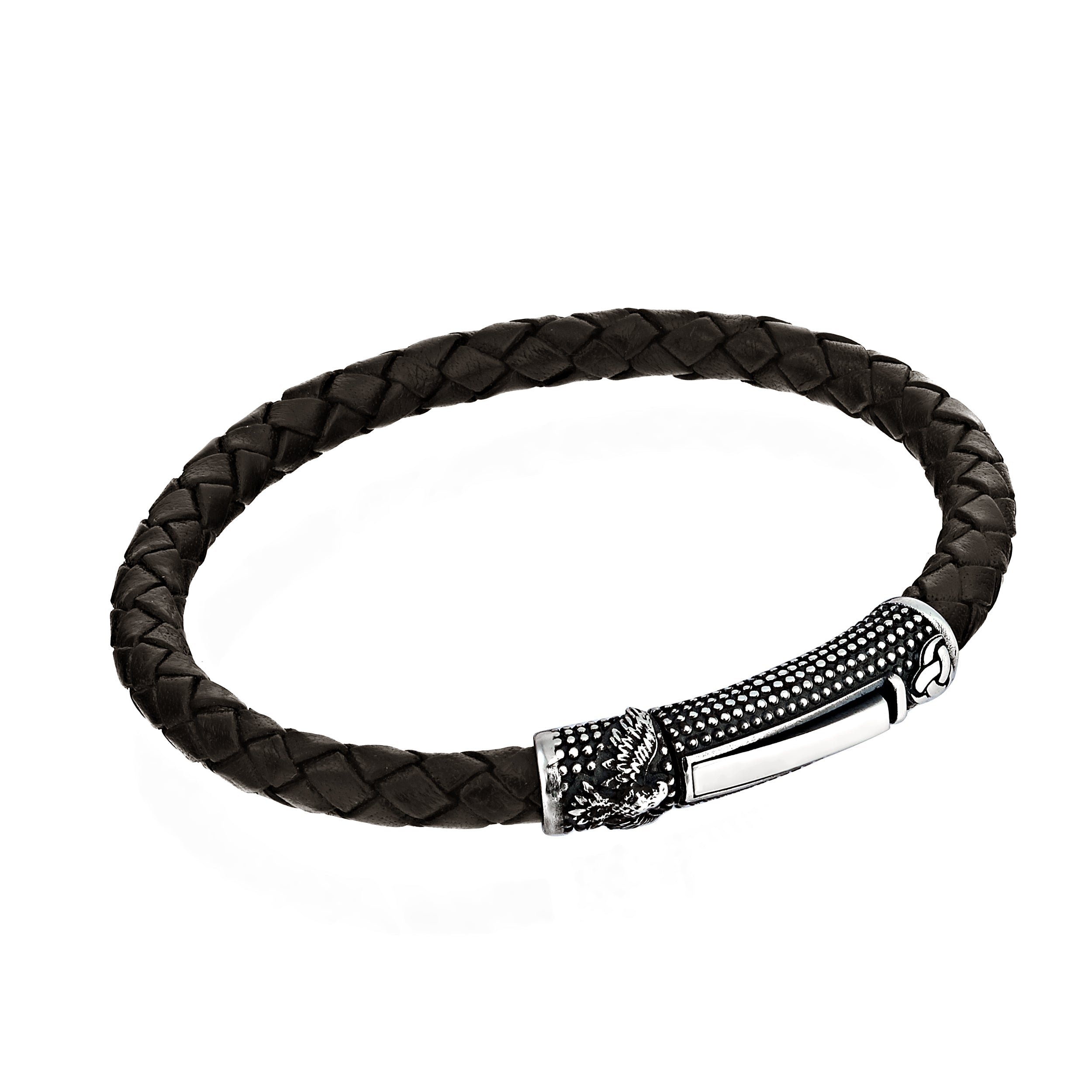 Single Lock Eagle Leather Bracelet in Sterling Silver