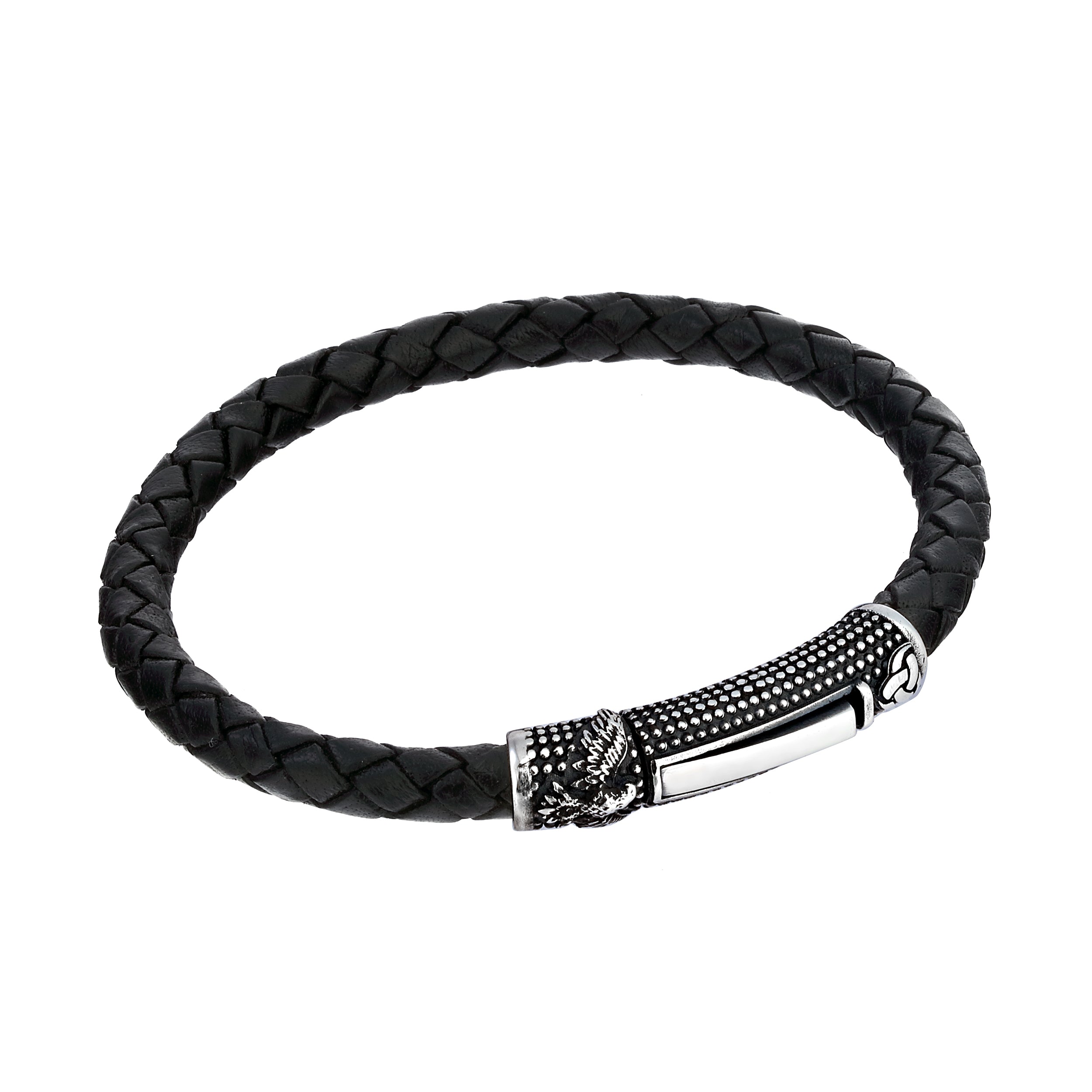 Single Lock Eagle Leather Bracelet in Sterling Silver