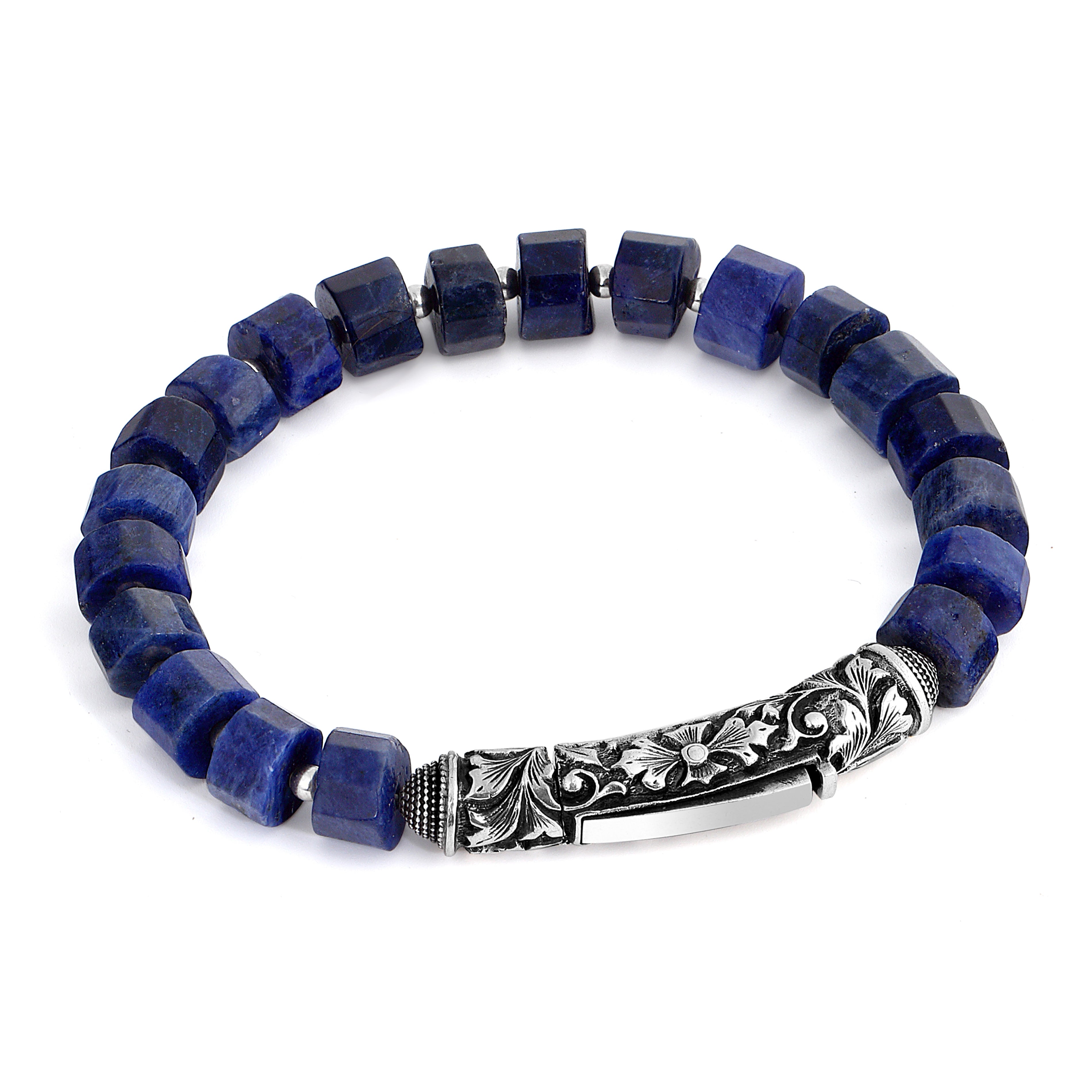 Single Lock Long Engraved Gemstone Bracelet in Sterling Silver