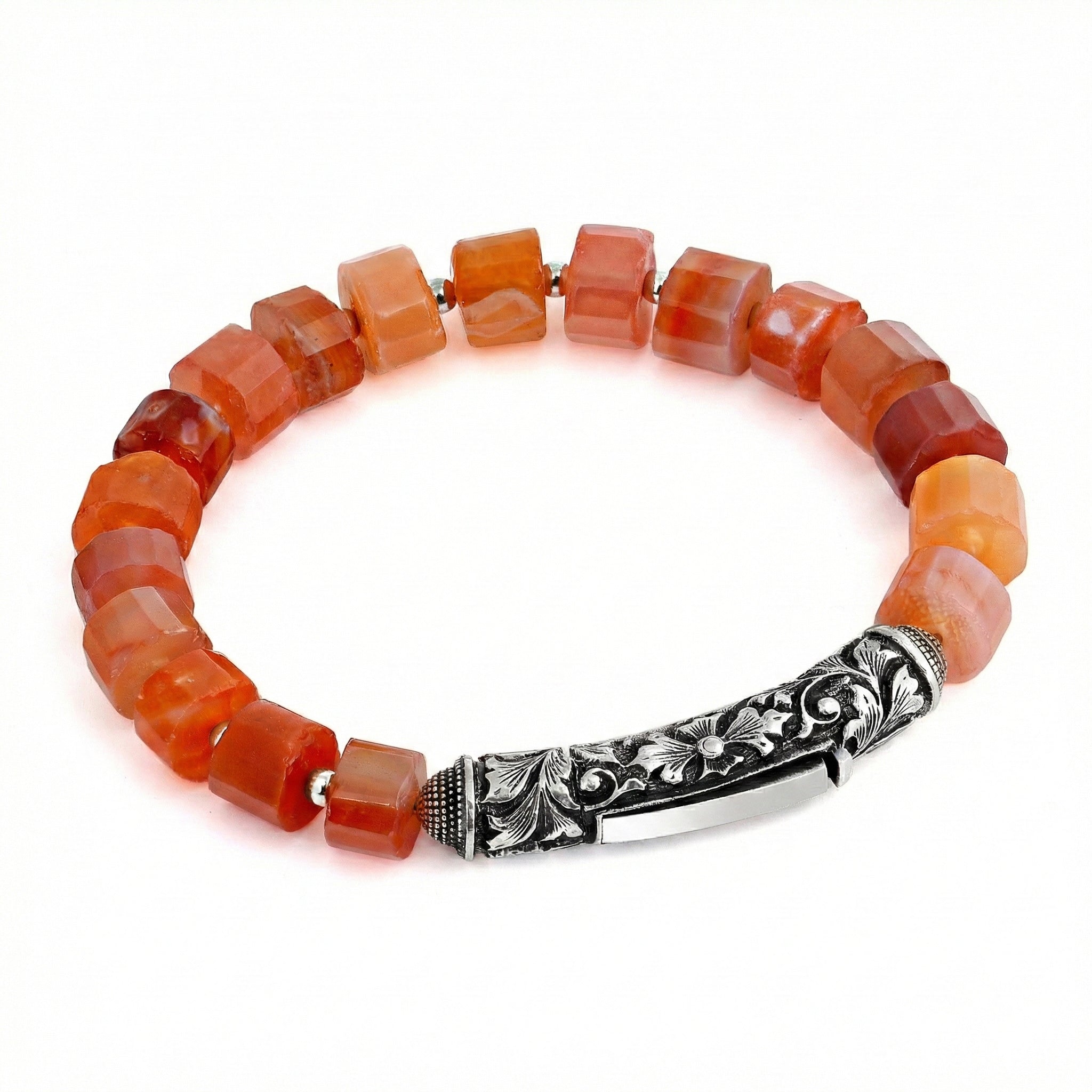 Single Lock Long Engraved Gemstone Bracelet in Sterling Silver