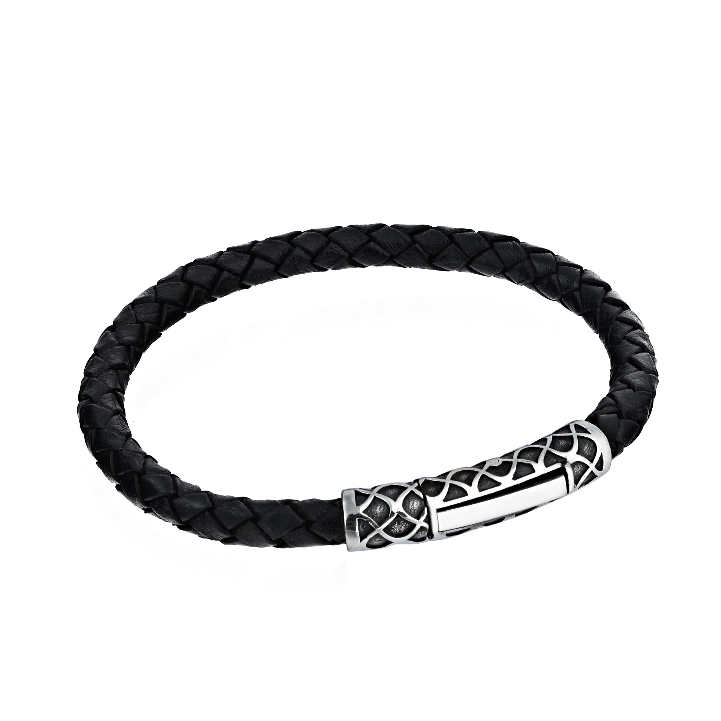 Single Lock Waves Leather Bracelet in Sterling Silver