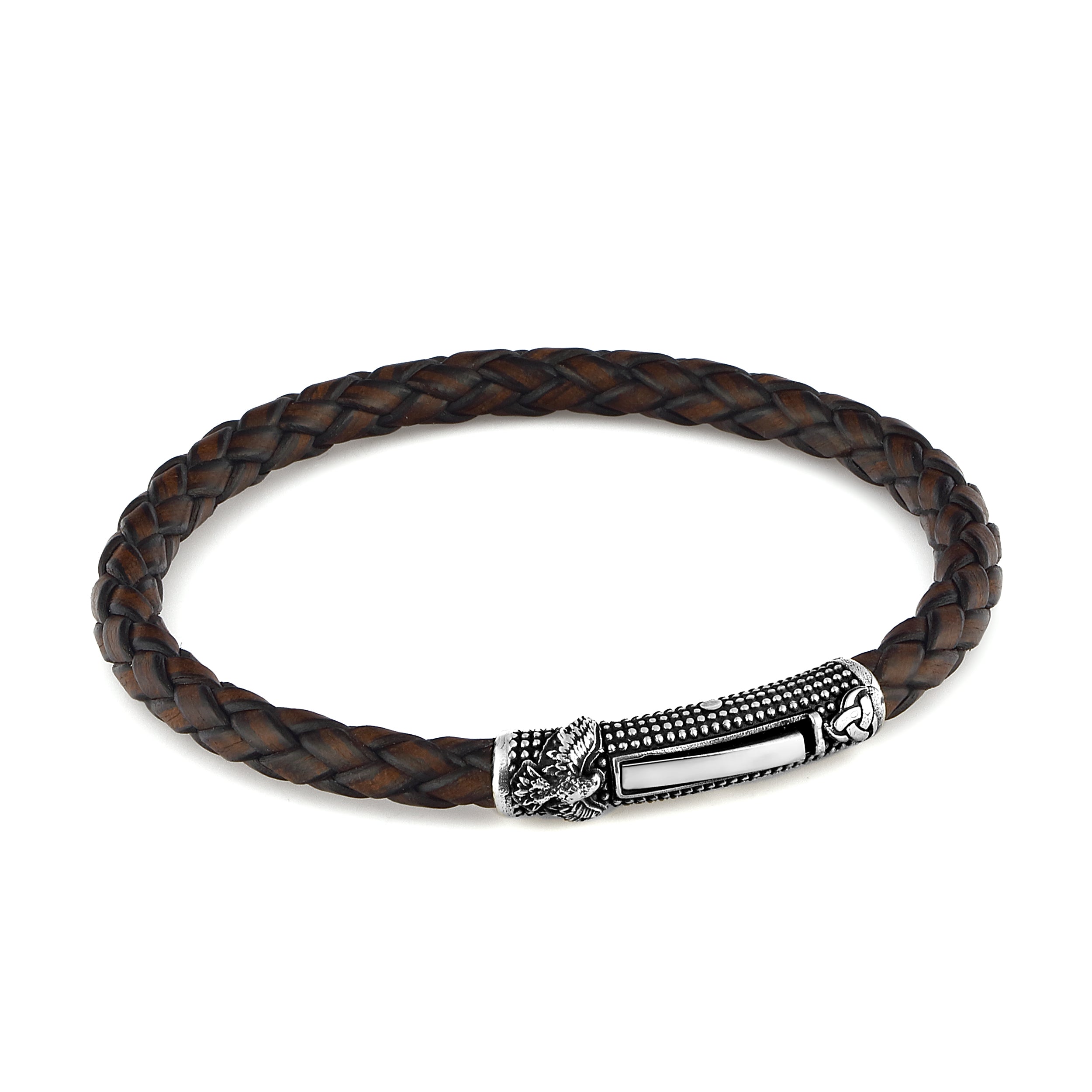 Single Lock Eagle Leather Bracelet in Sterling Silver