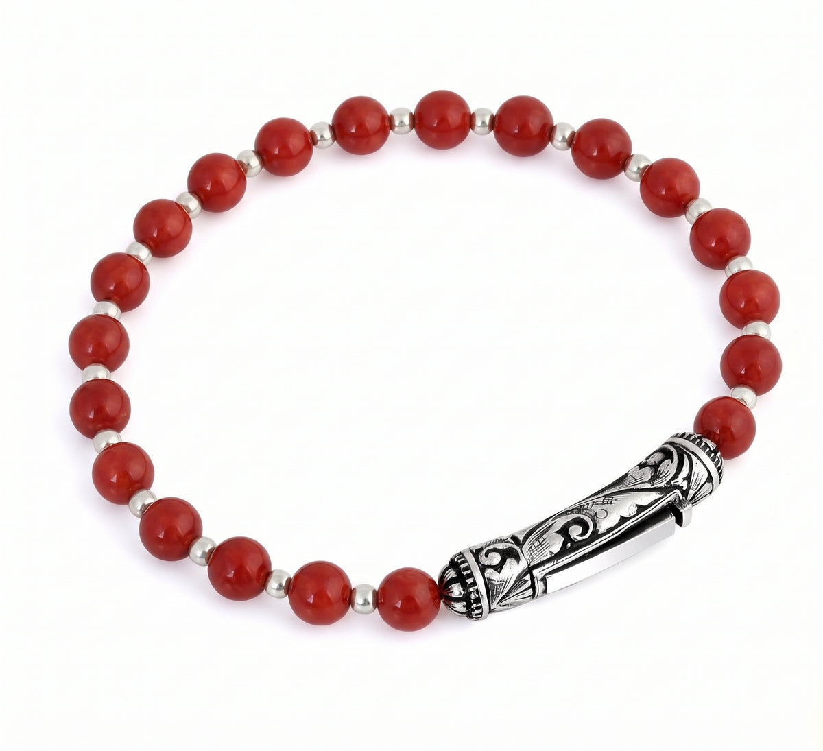 Single Lock M Engraved Coral Bracelet, Sterling Silver