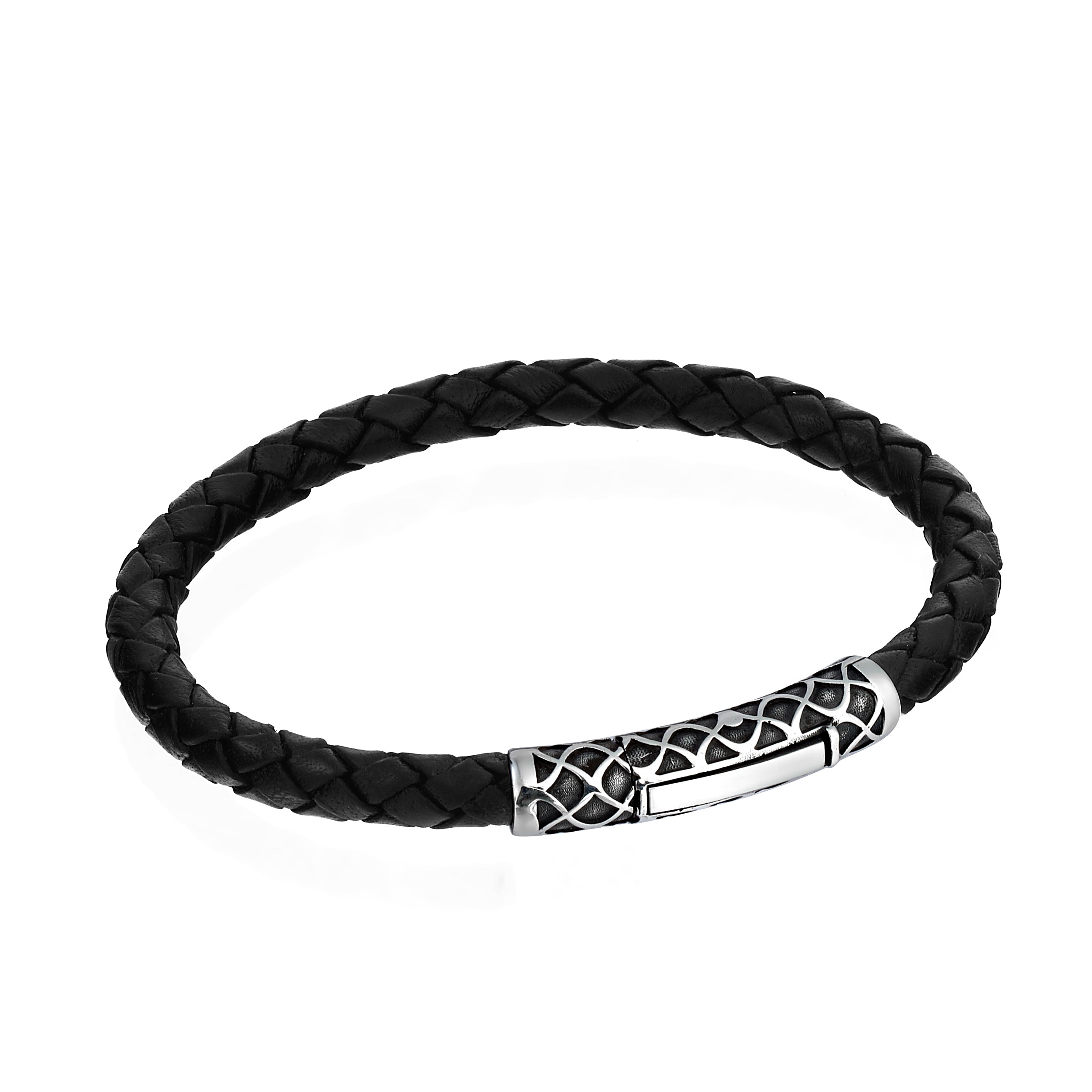 Single Lock Waves Leather Bracelet in Sterling Silver