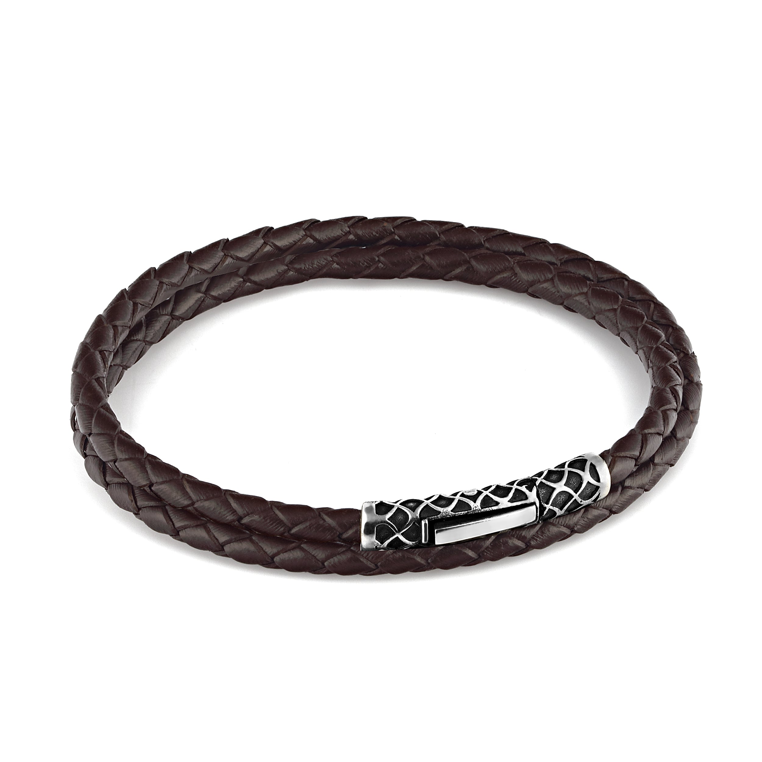 Single Lock Waves (double) Leather Bracelet in Sterling Silver
