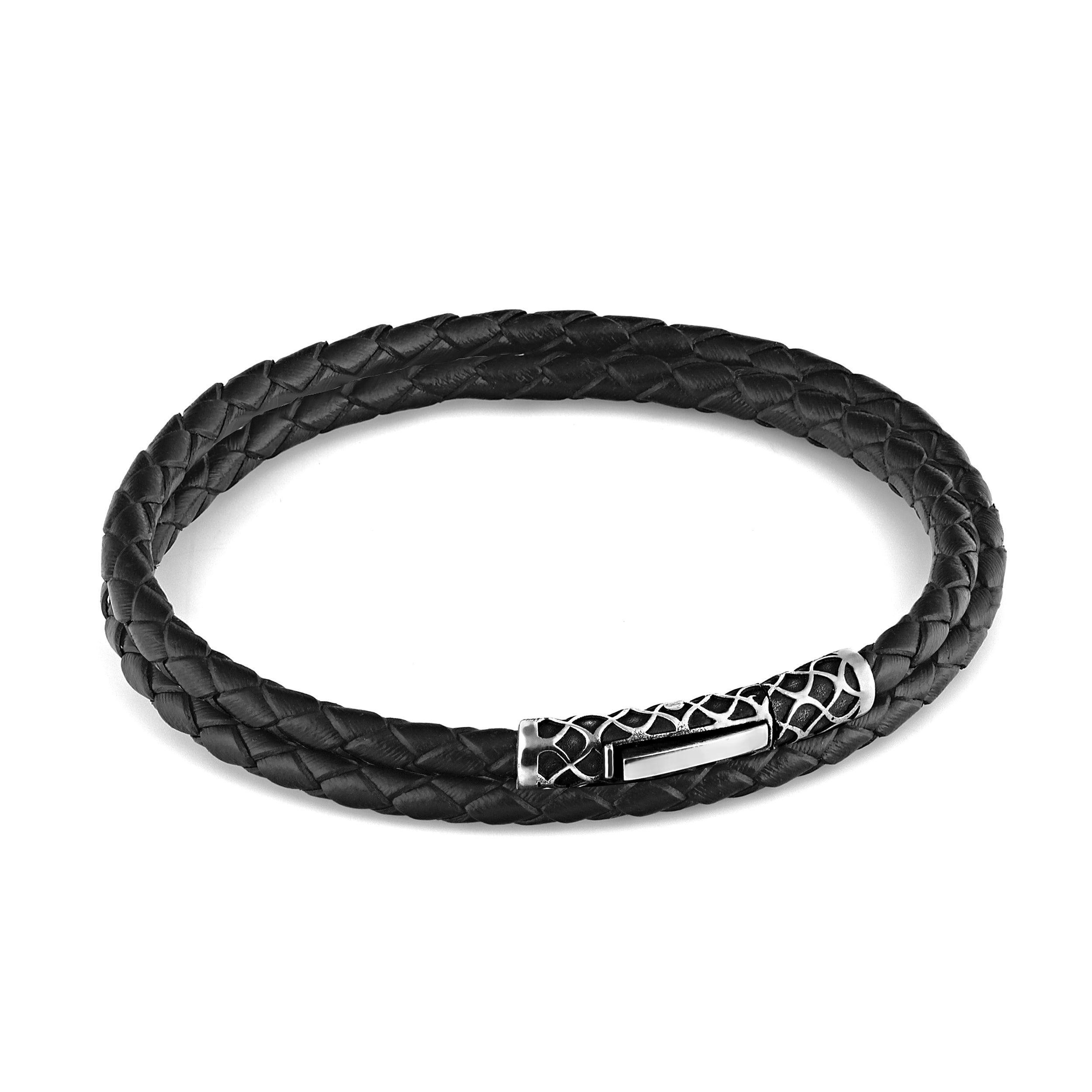 Single Lock Waves (double) Leather Bracelet in Sterling Silver