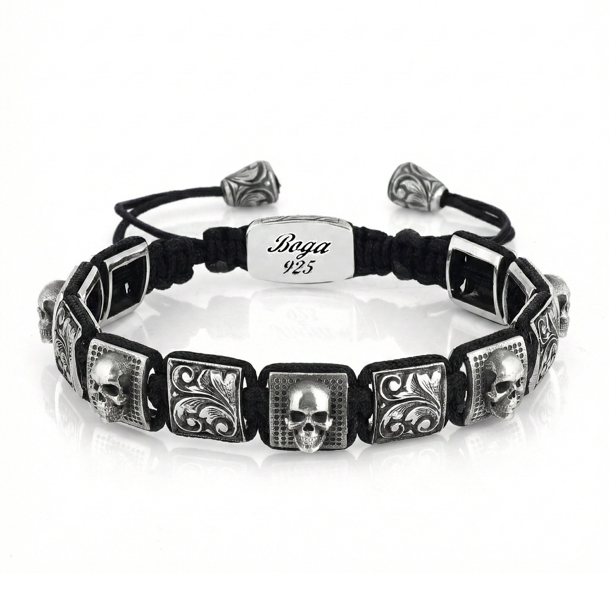 Skull Engraved Macrame Bracelet in Sterling Silver