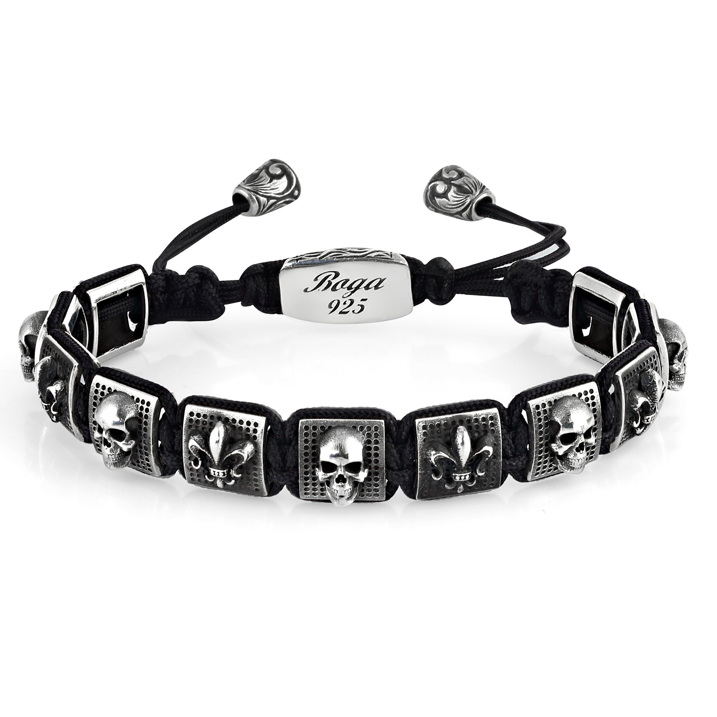 Skull Fleur de Lis Macrame Bracelet in Sterling Silver