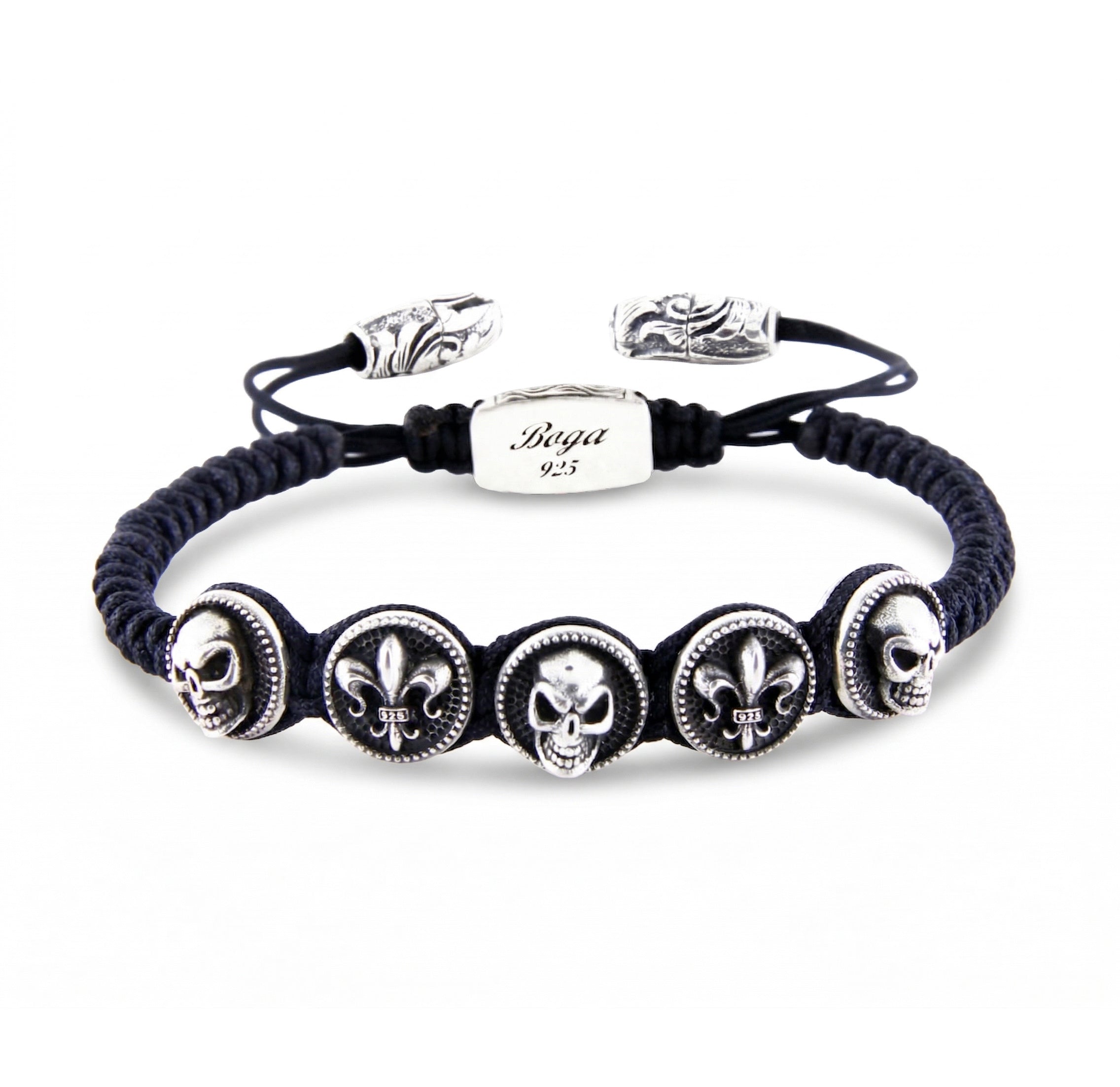Skull Fleur de Lis Circular Snake Macrame Bracelet in Sterling Silver