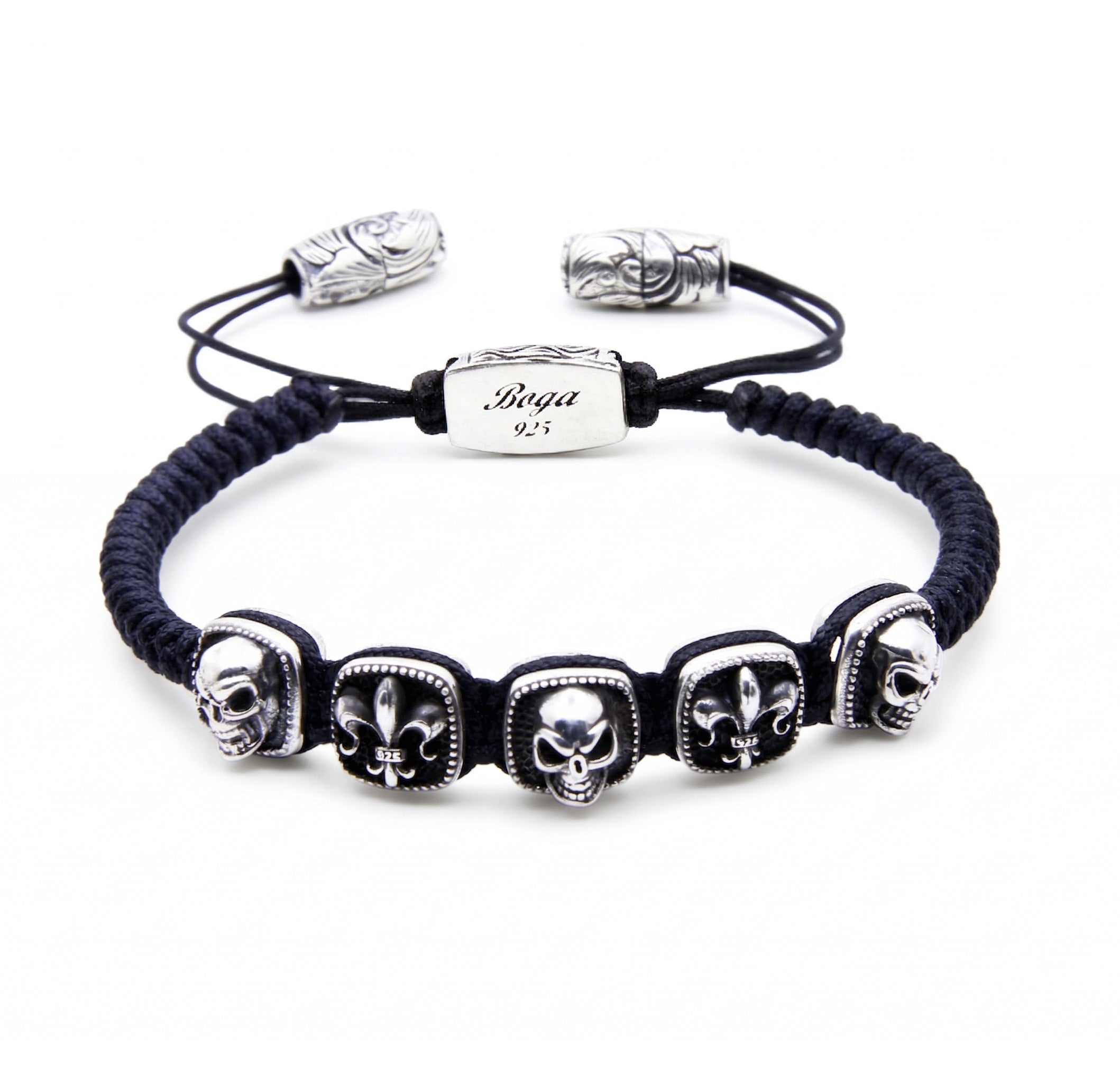 Skull Fleur de Lis Rds Snake Macrame Bracelet in Sterling Silver
