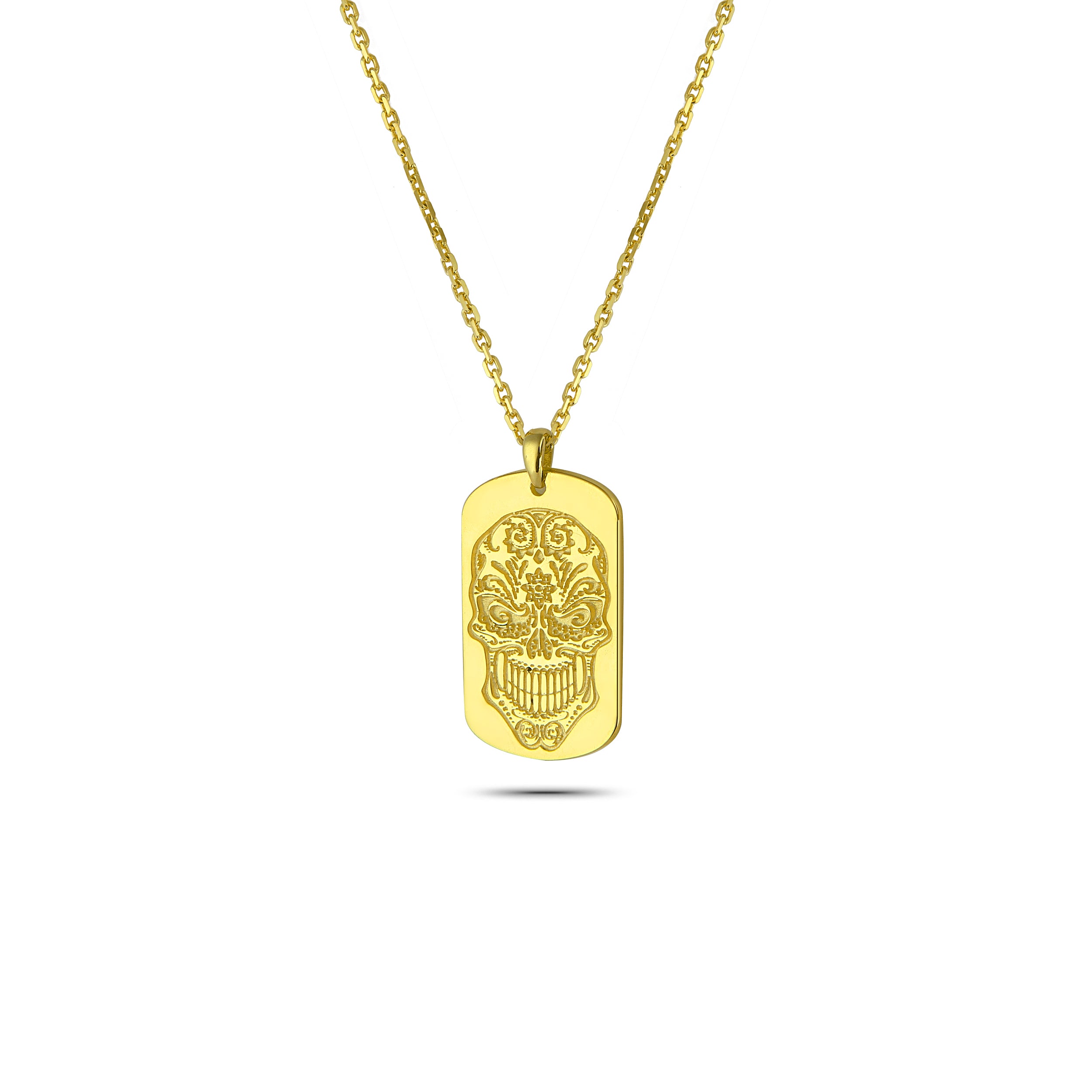 Skull Floral Tag Gold-Plated Necklace in Sterling Silver