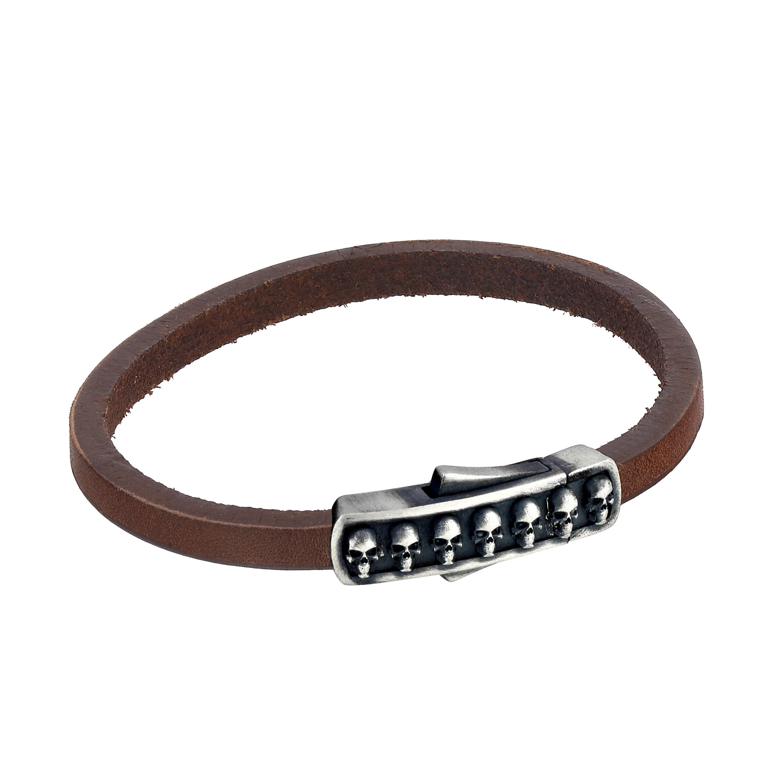 Skull Lock Leather Bracelet in Sterling Silver