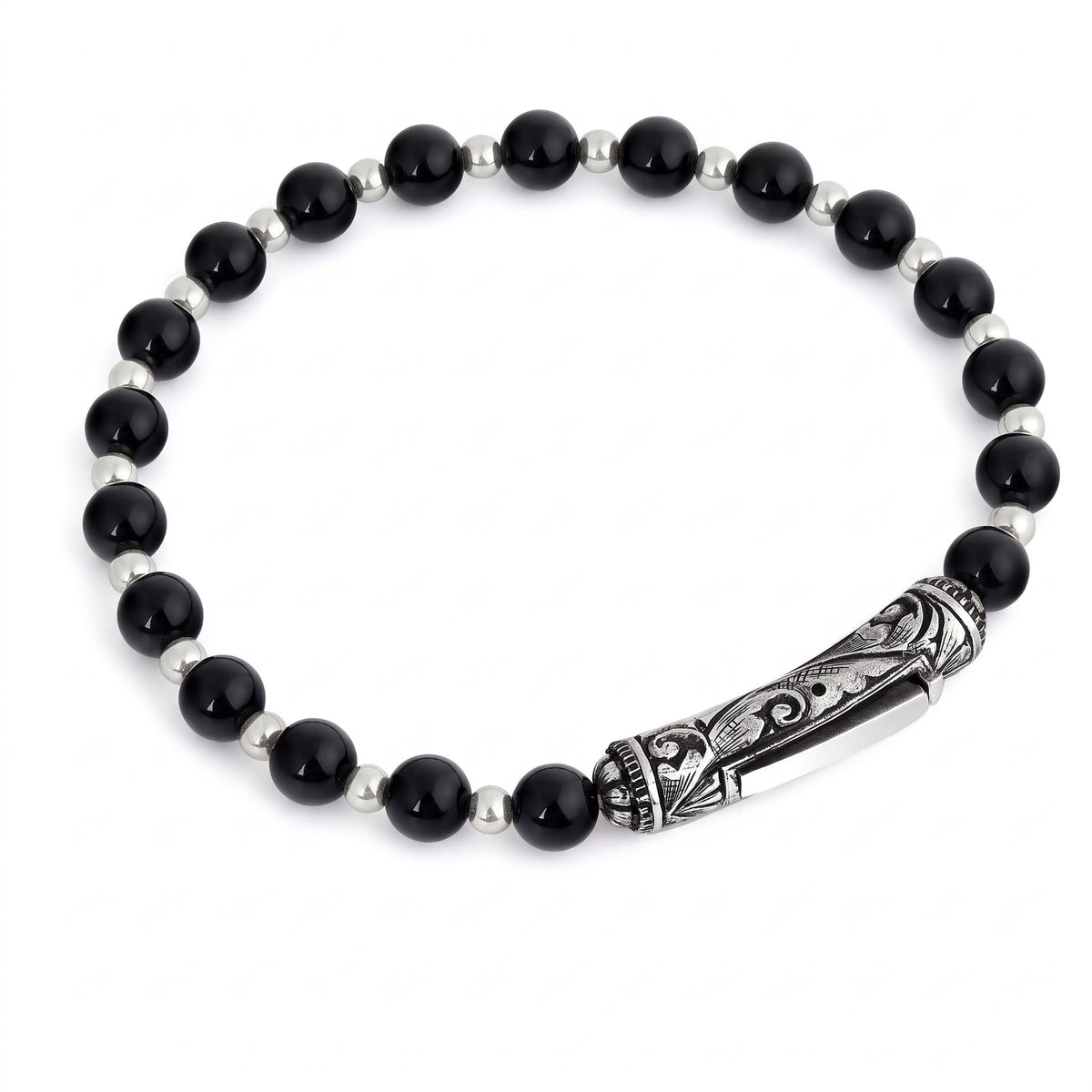 Single Lock M Engraved Onyx Bracelet, Sterling Silver