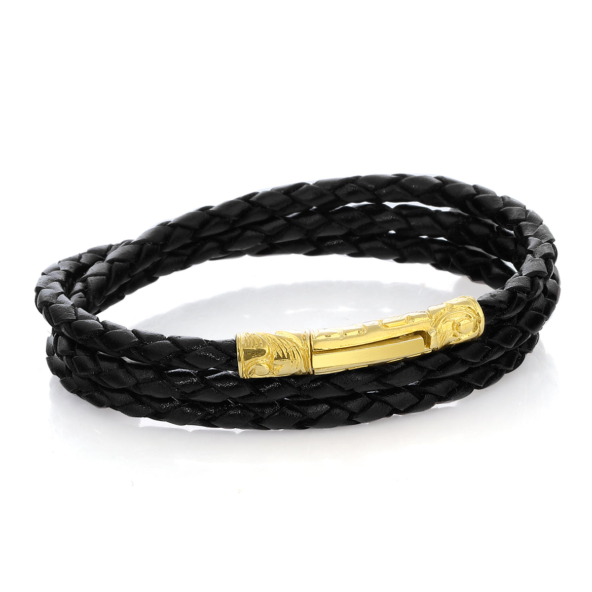 Single Lock-S Long Braided Leather Bracelet, Sterling Silver