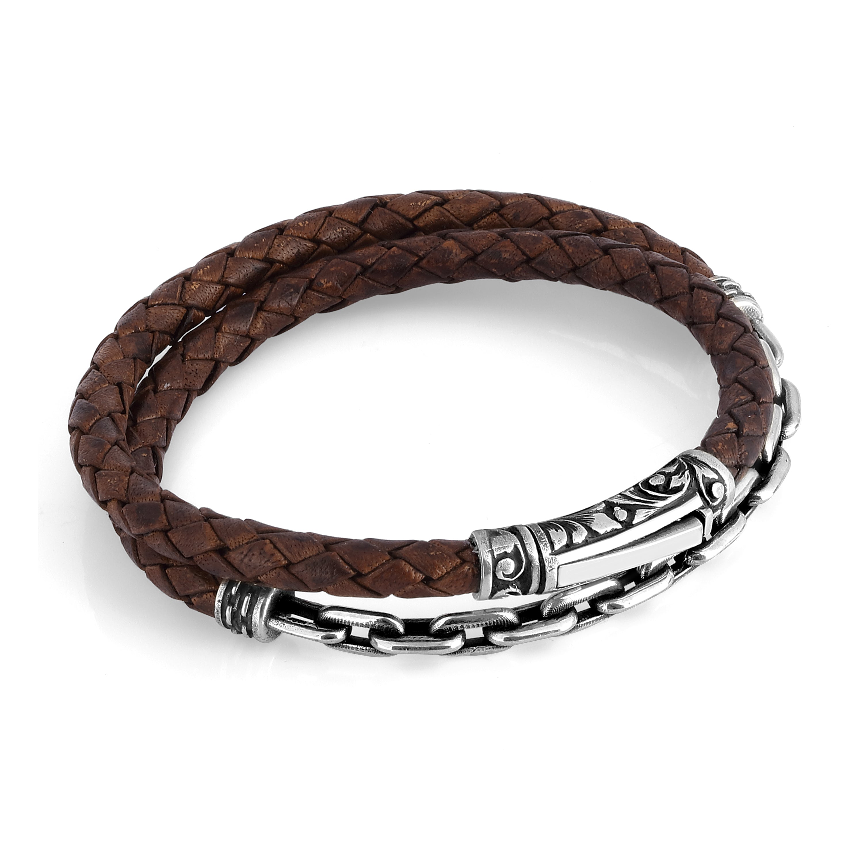 Sl M-arc Chain Leather Bracelet in Sterling Silver