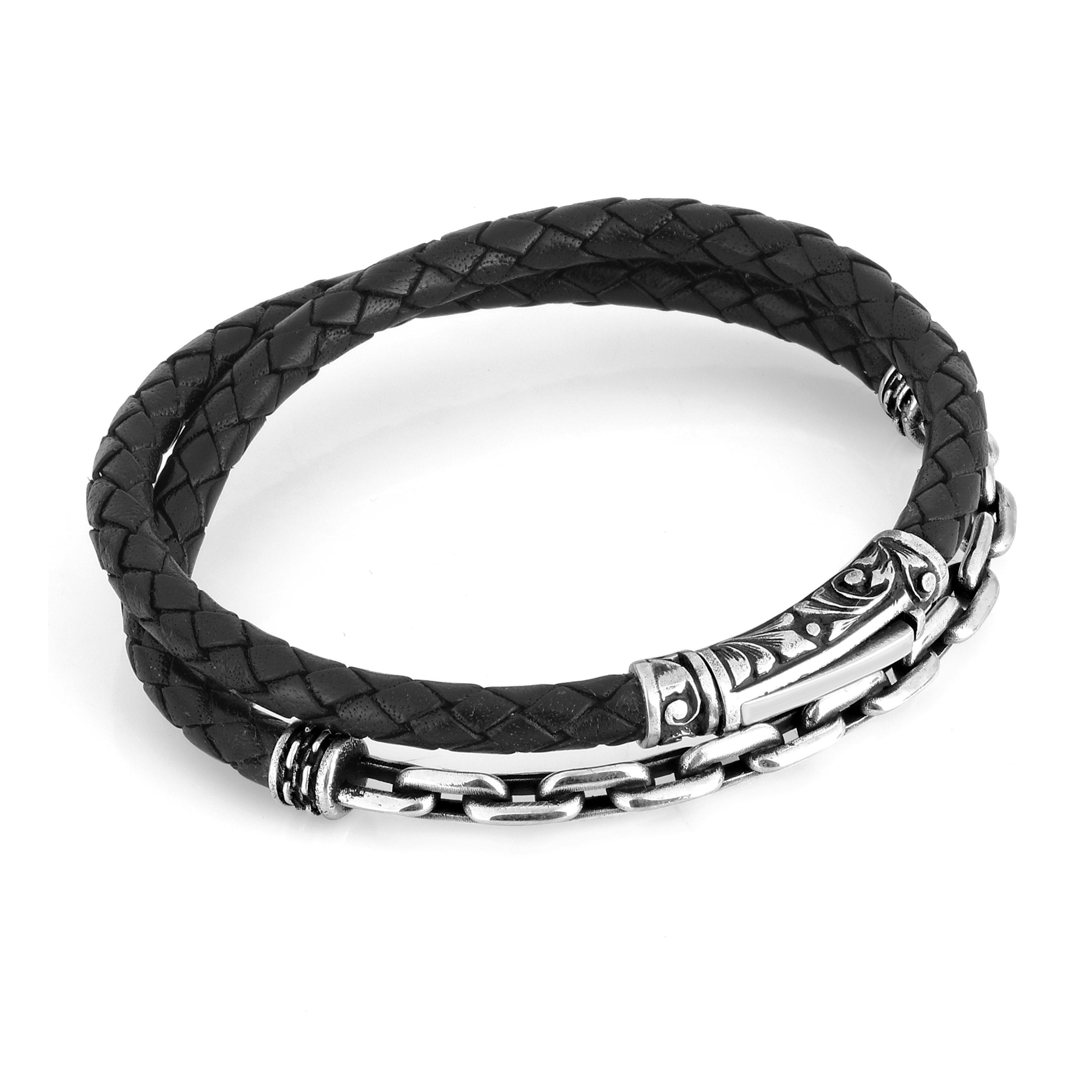 Sl M-arc Chain Leather Bracelet in Sterling Silver