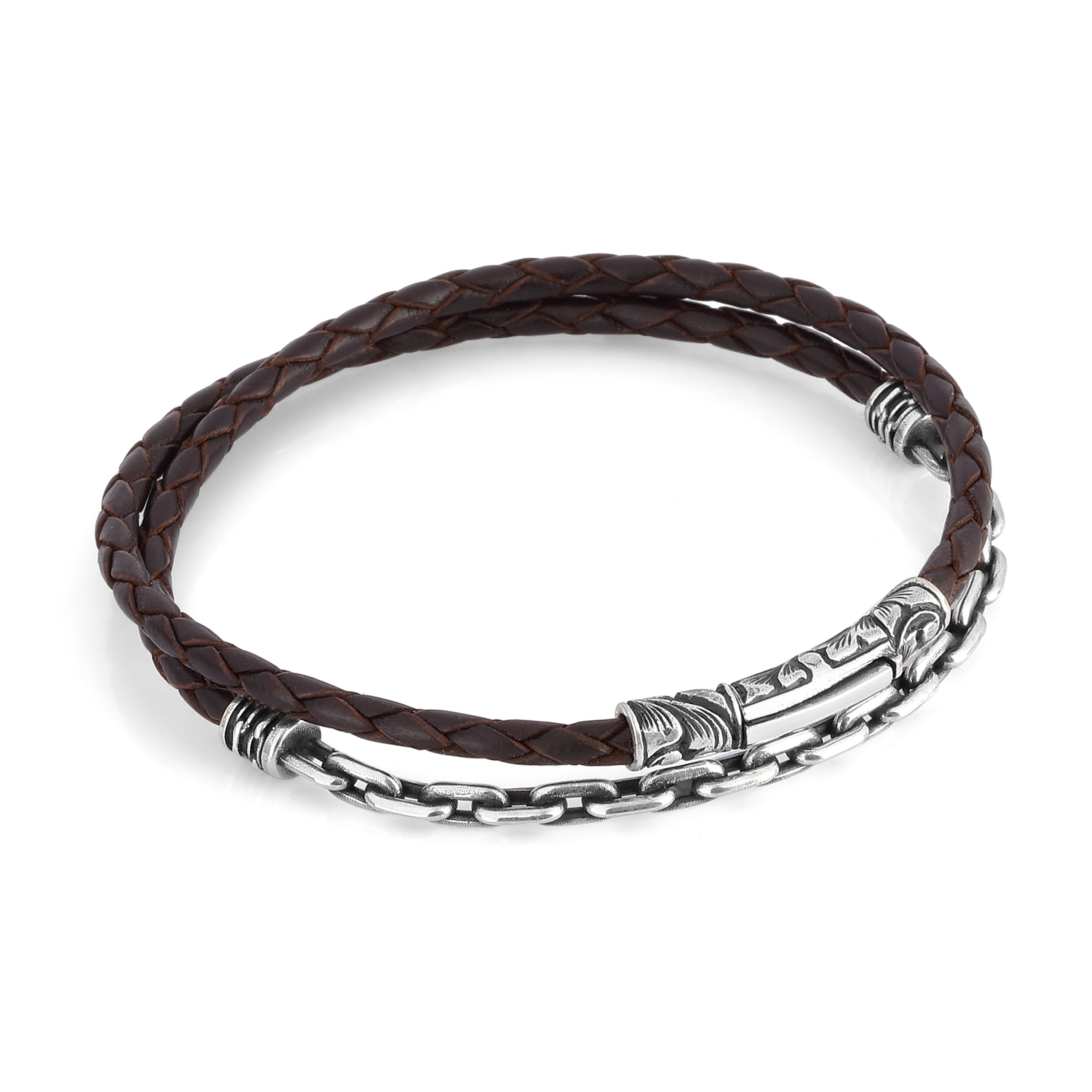 Sl S-arc Chain Leather Bracelet in Sterling Silver