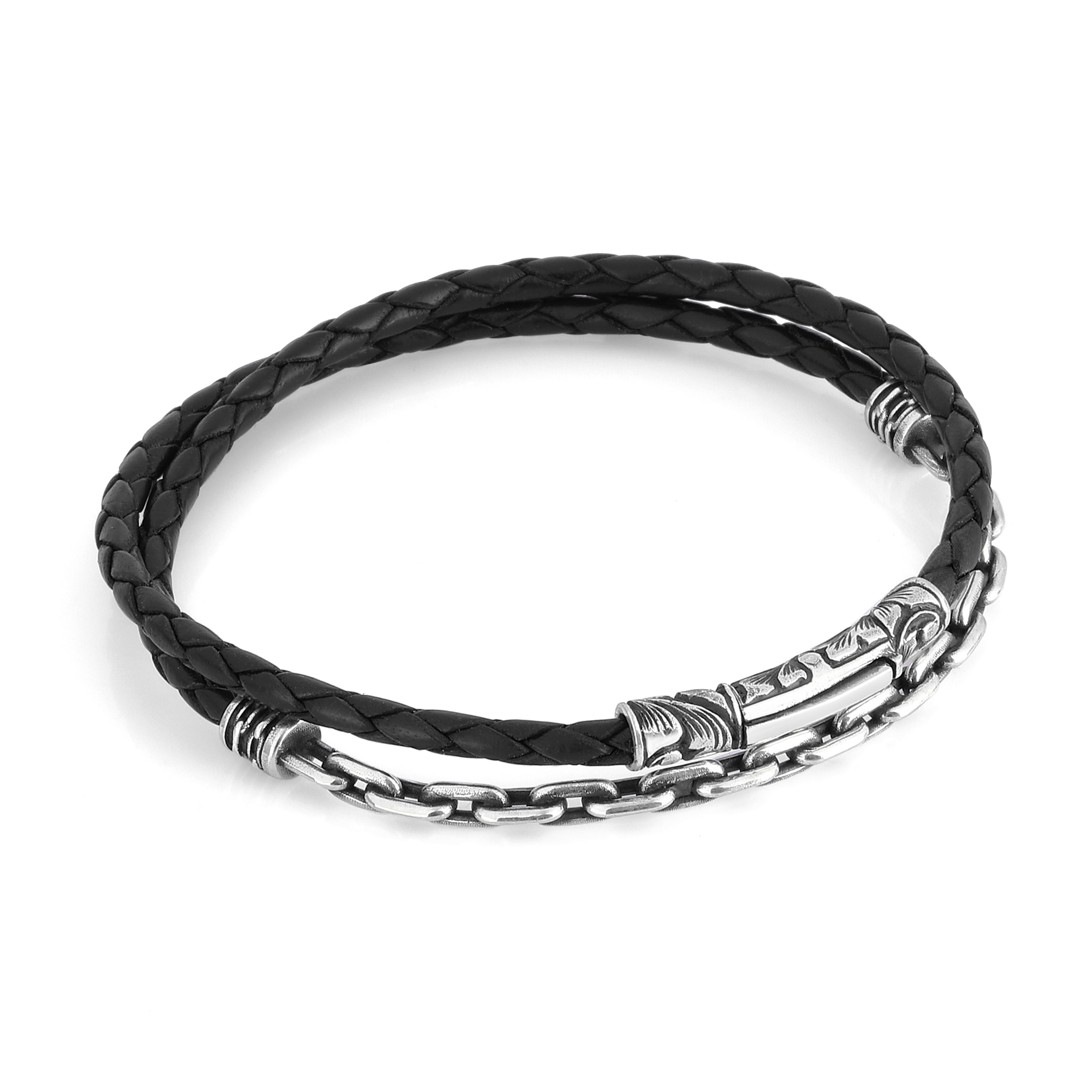Sl S-arc Chain Leather Bracelet in Sterling Silver