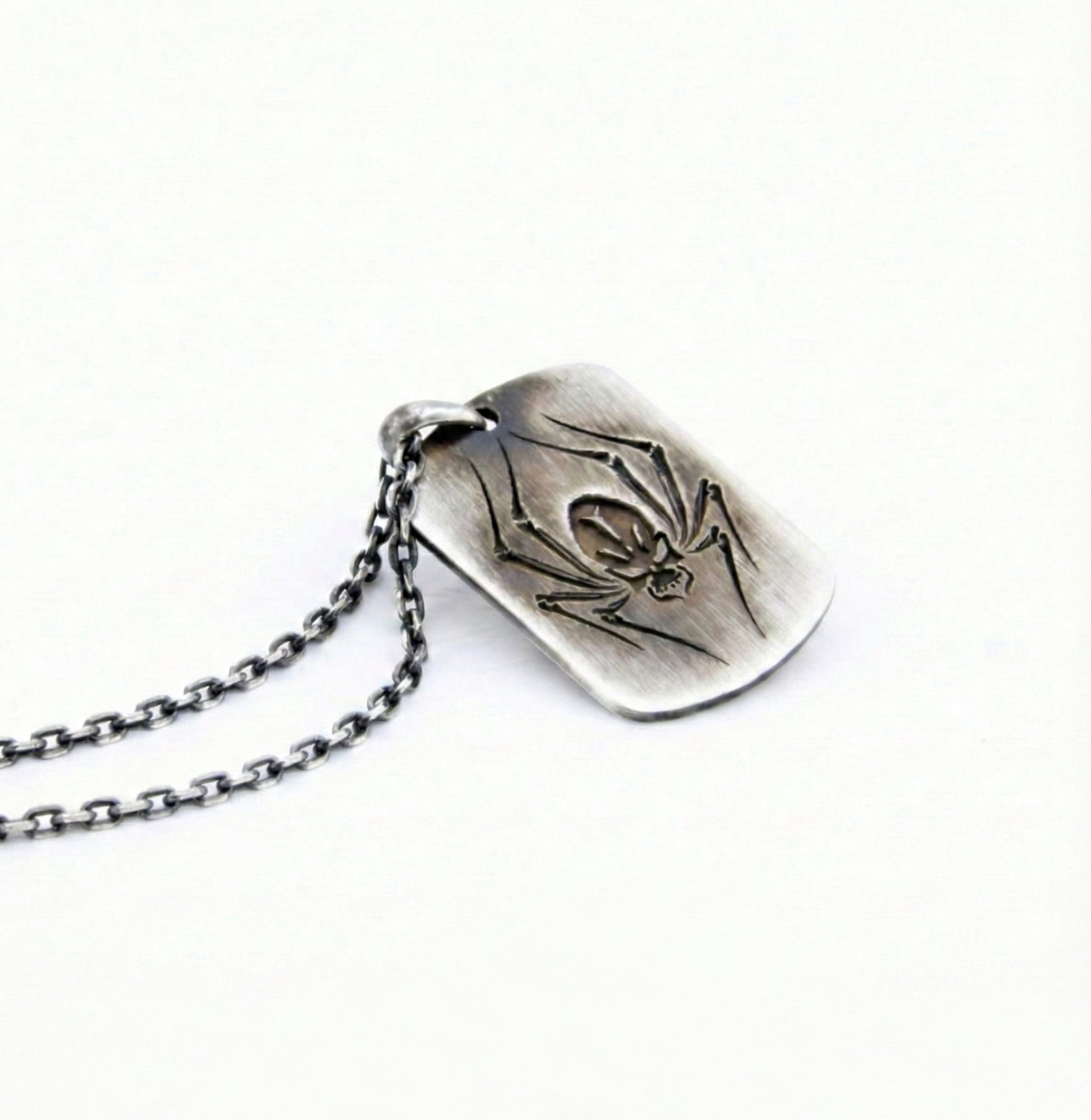 Spider Skull Tag Necklace in Sterling Silver