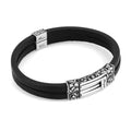 Square Double Long Engraved Leather Bracelet in Sterling Silver