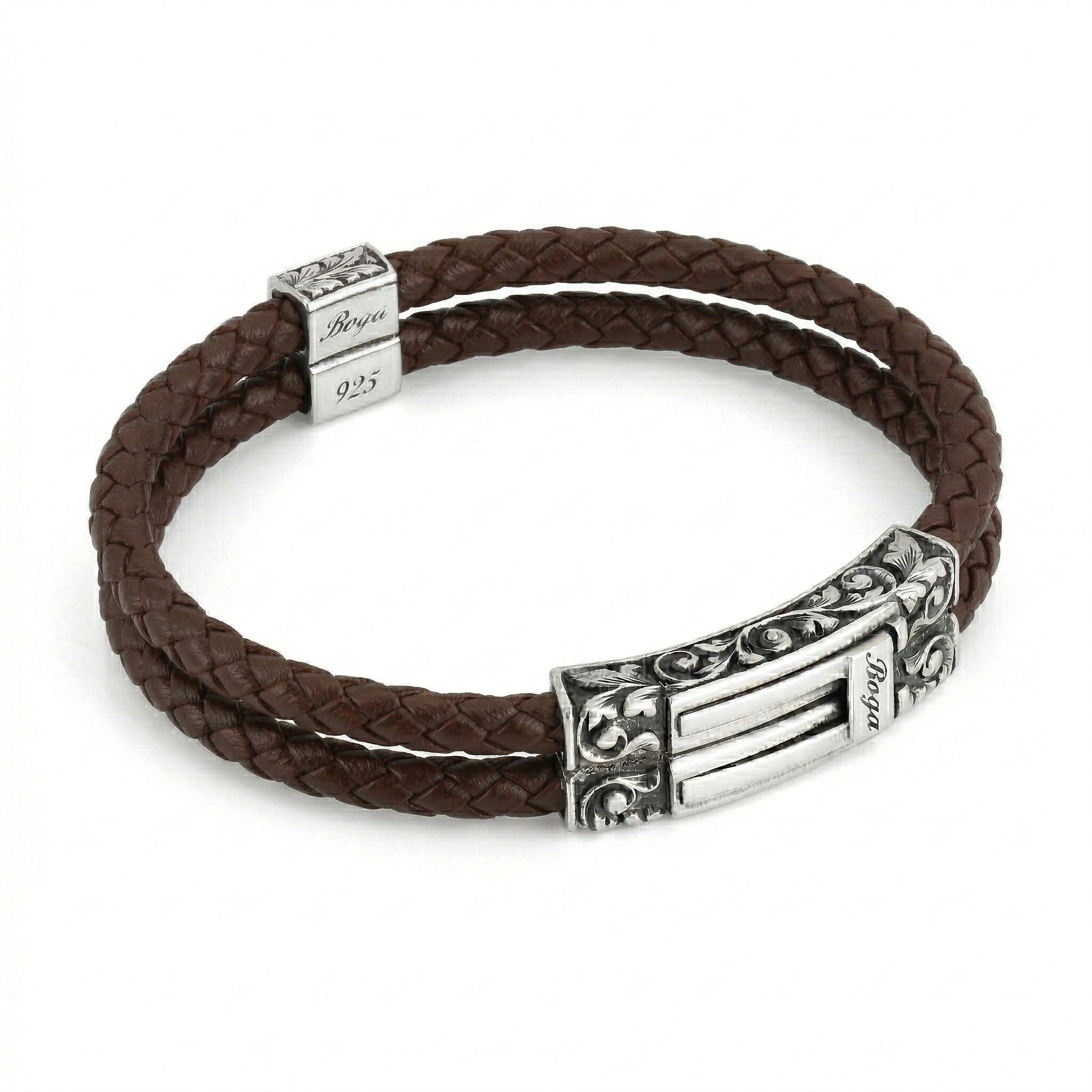 Square Double Long Engr Braided Leather Bracelet in Sterling Silver