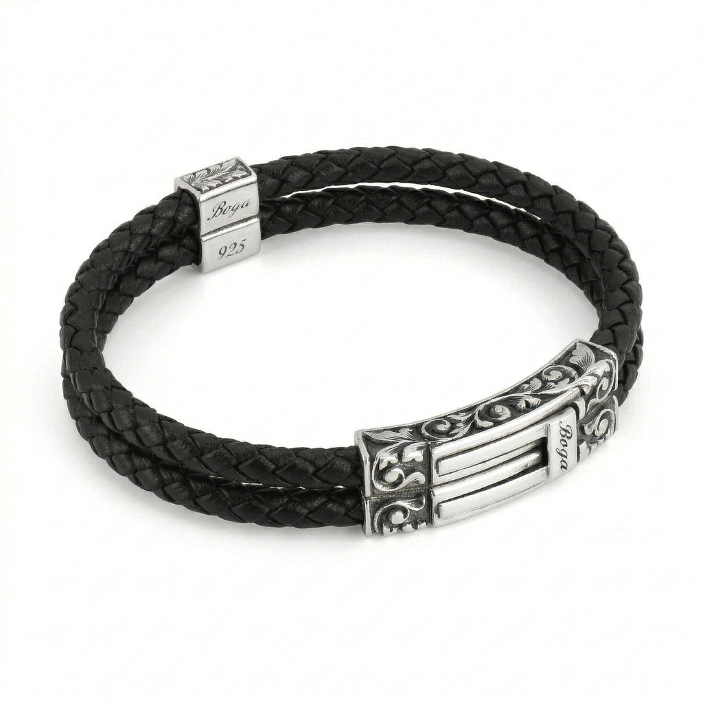 Square Double Long Engr Braided Leather Bracelet in Sterling Silver