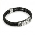 Square Double Long Engr Braided Leather Bracelet in Sterling Silver