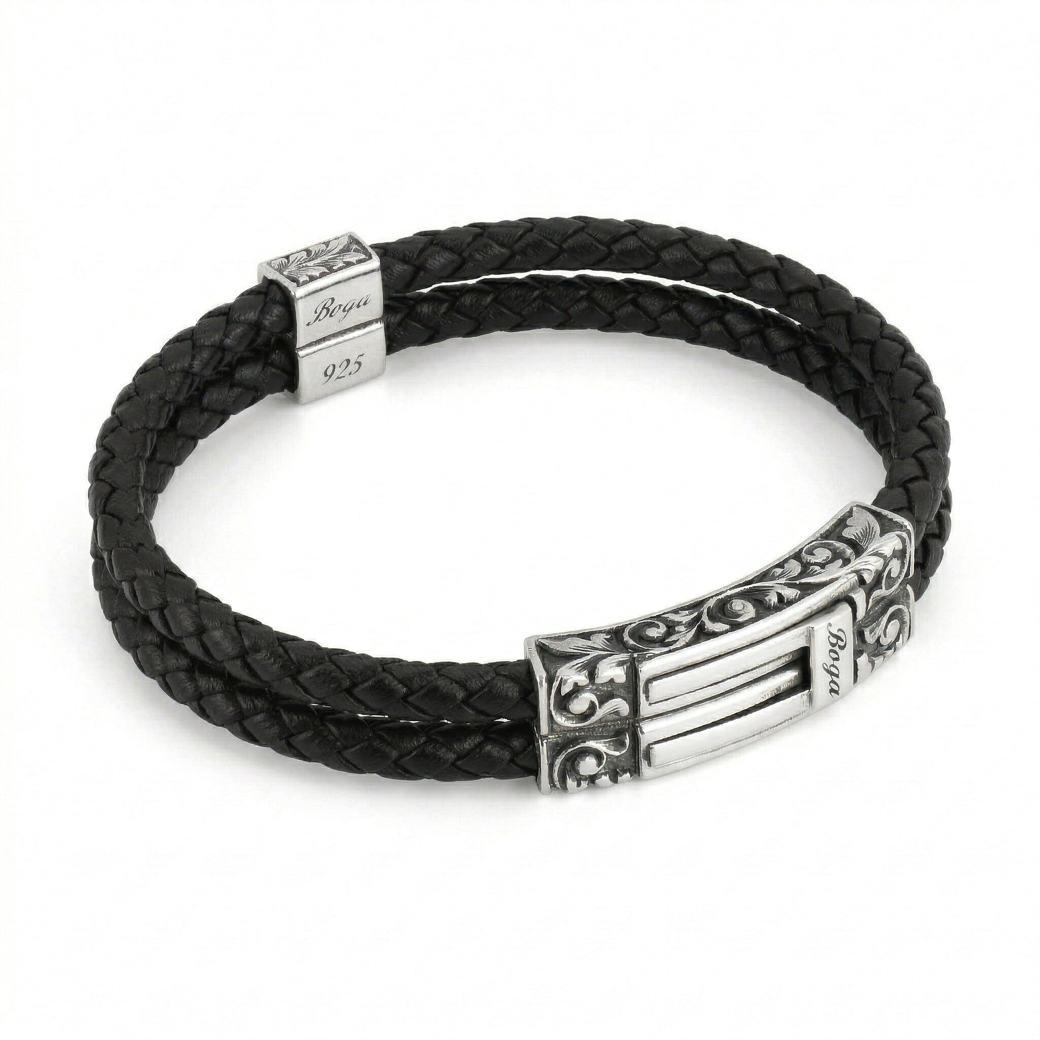 Square Double Long Engr Braided Leather Bracelet in Sterling Silver