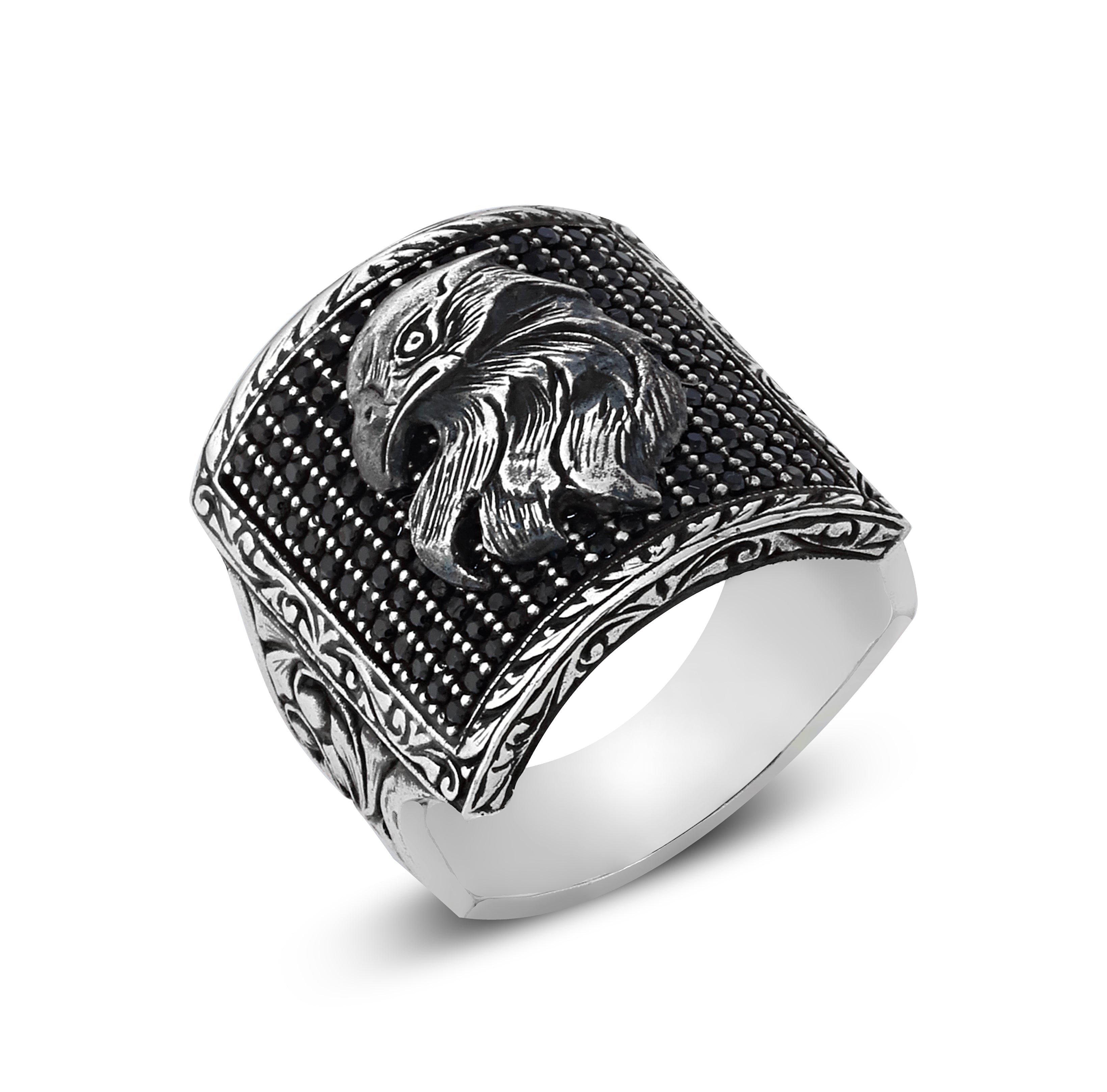 Square Black Pave Zircon Eagle Ring in Sterling Silver