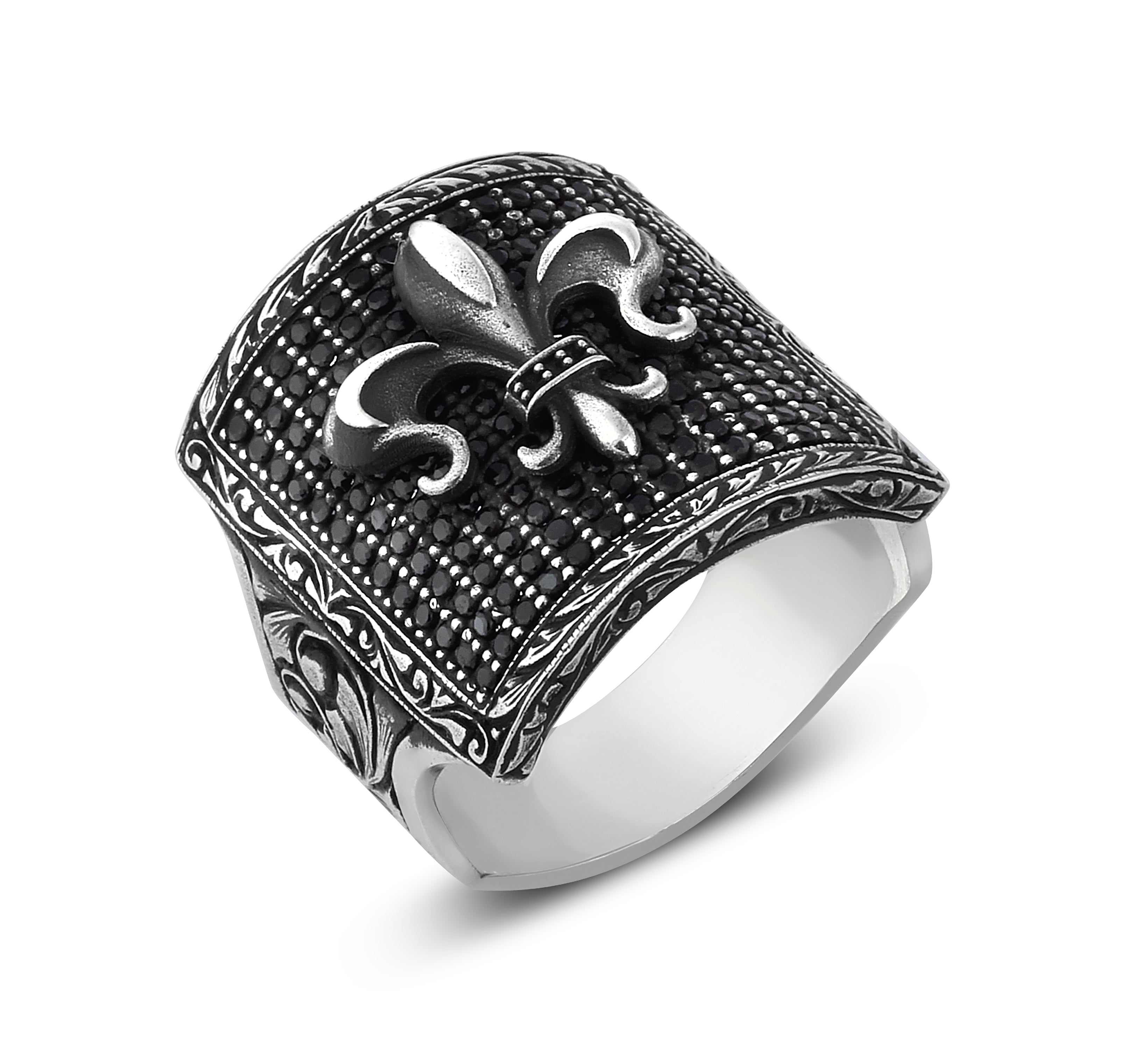 Square Black Pave Zircon Fleur de Lis Ring in Sterling Silver