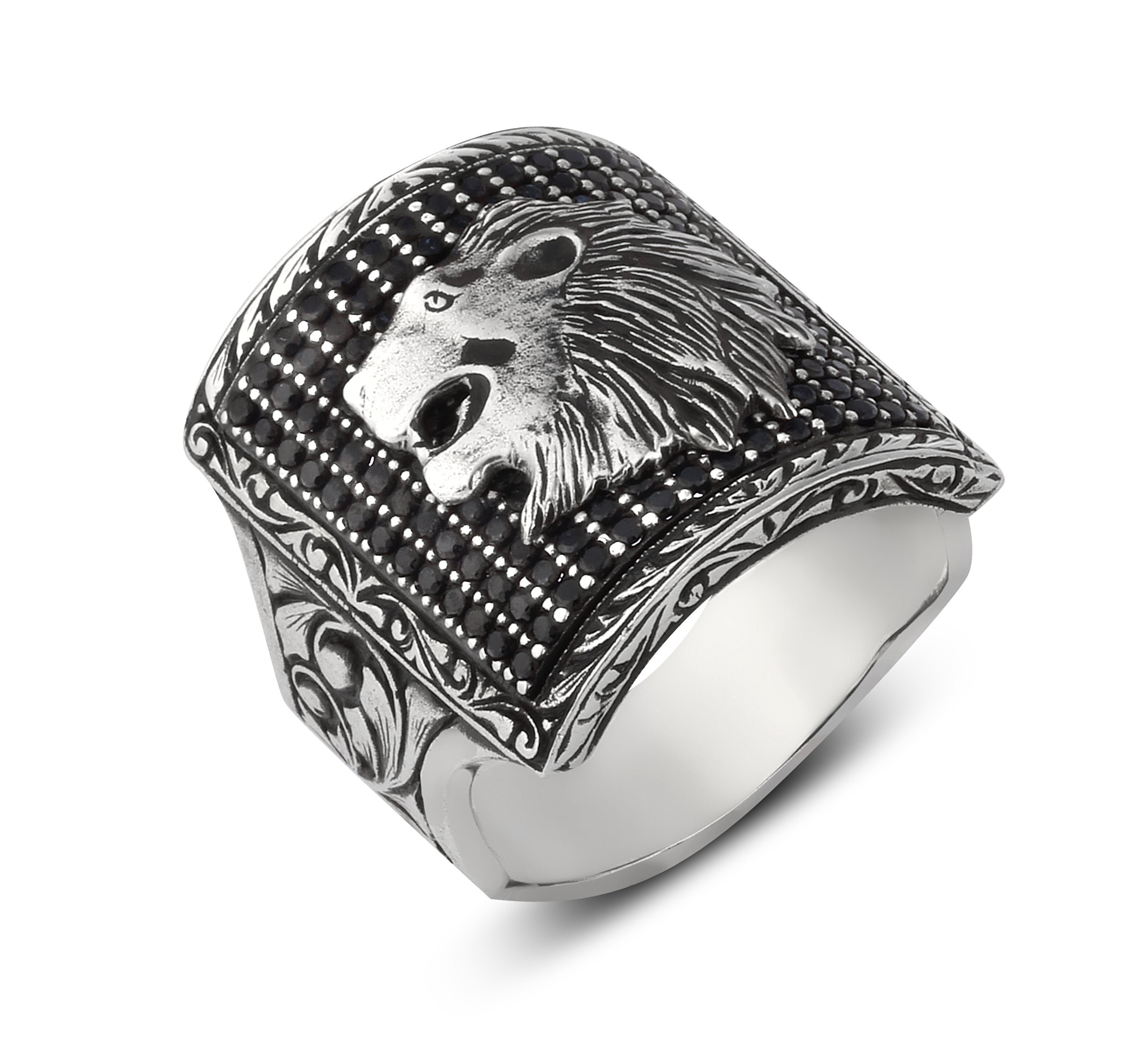 Square Black Pave Zircon Lion Ring in Sterling Silver