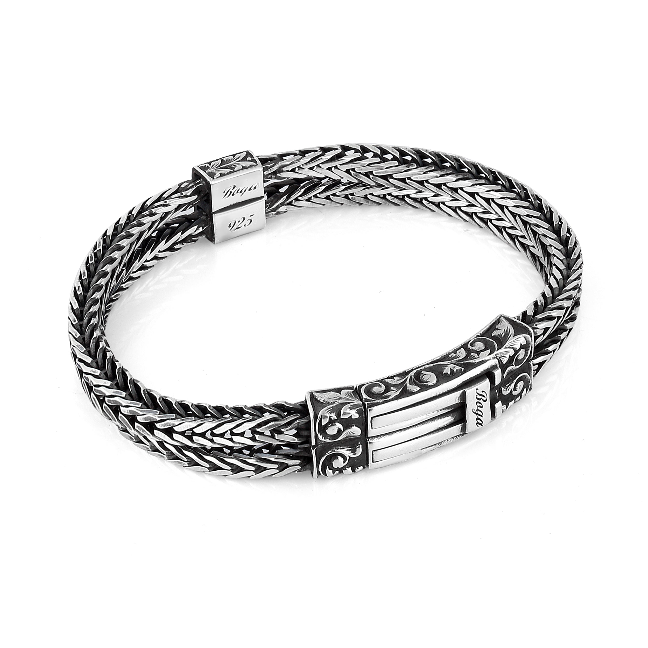 Square Double Engraved Fox Chain Bracelet in Sterling Silver