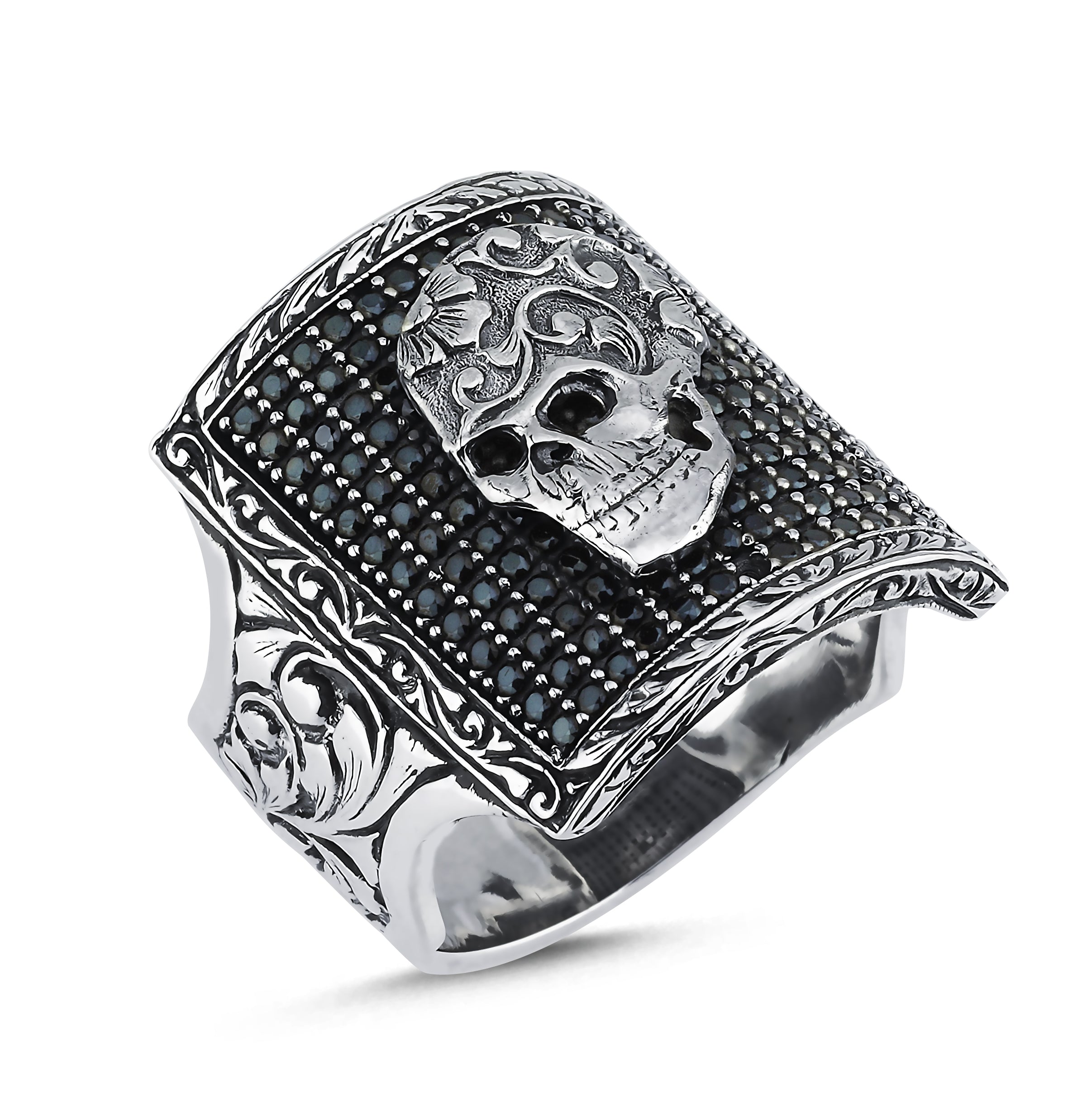 Square Black Pave Zircon Skull Ring in Sterling Silver