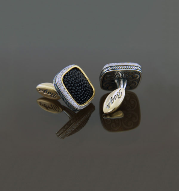 STINGRAY DIAMOND GOLD – 18k altın, 925 gümüş, pırlanta, hakiki vatos derisi, 24mmX24mm (18k gold, sterling silver, diamond, genuine stingray leather, 24mmX24mm)..